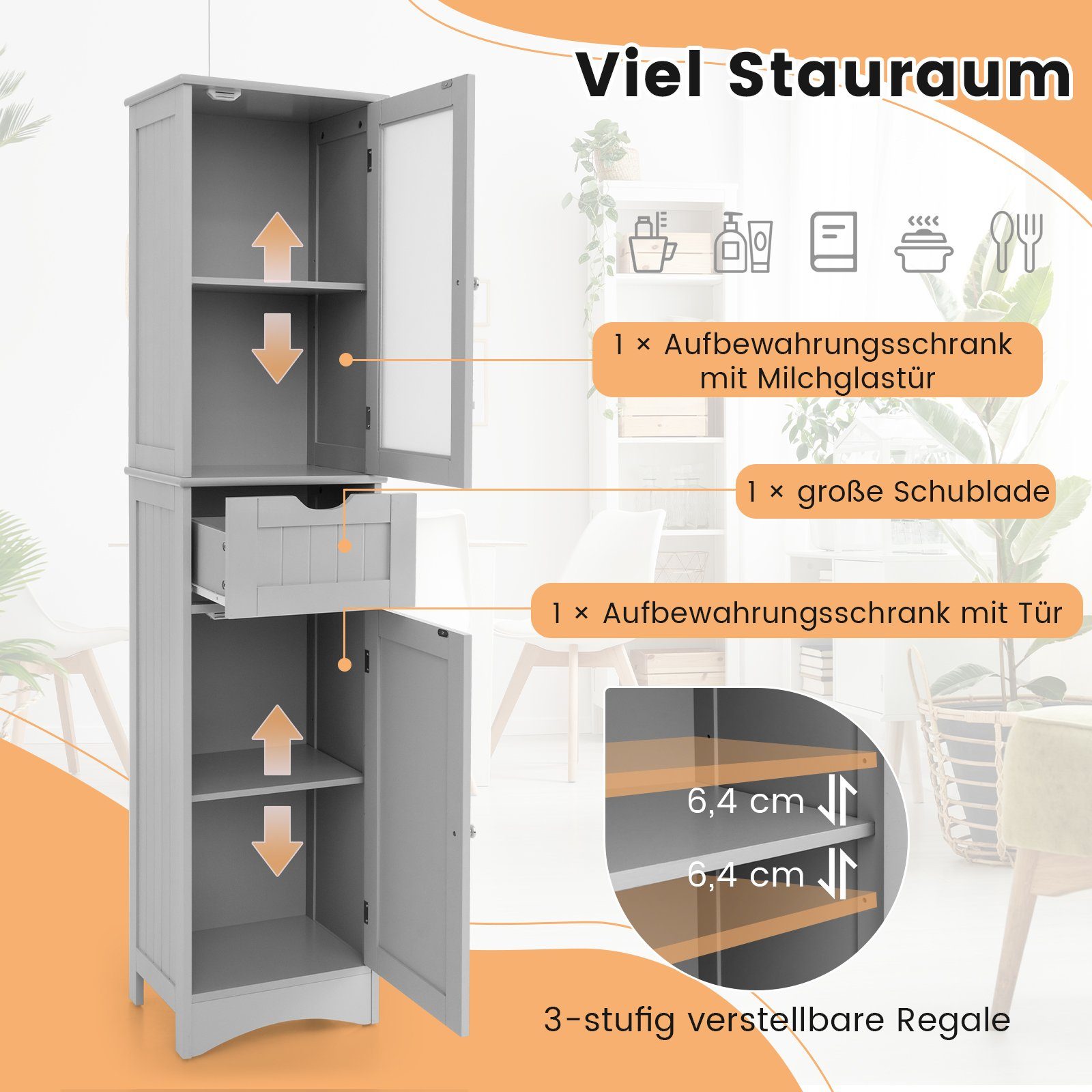 COSTWAY Hochschrank Badezimmerschrank schmal Holz 170cm mit Schublade, 4 Fächern – Bild 3 von 5
