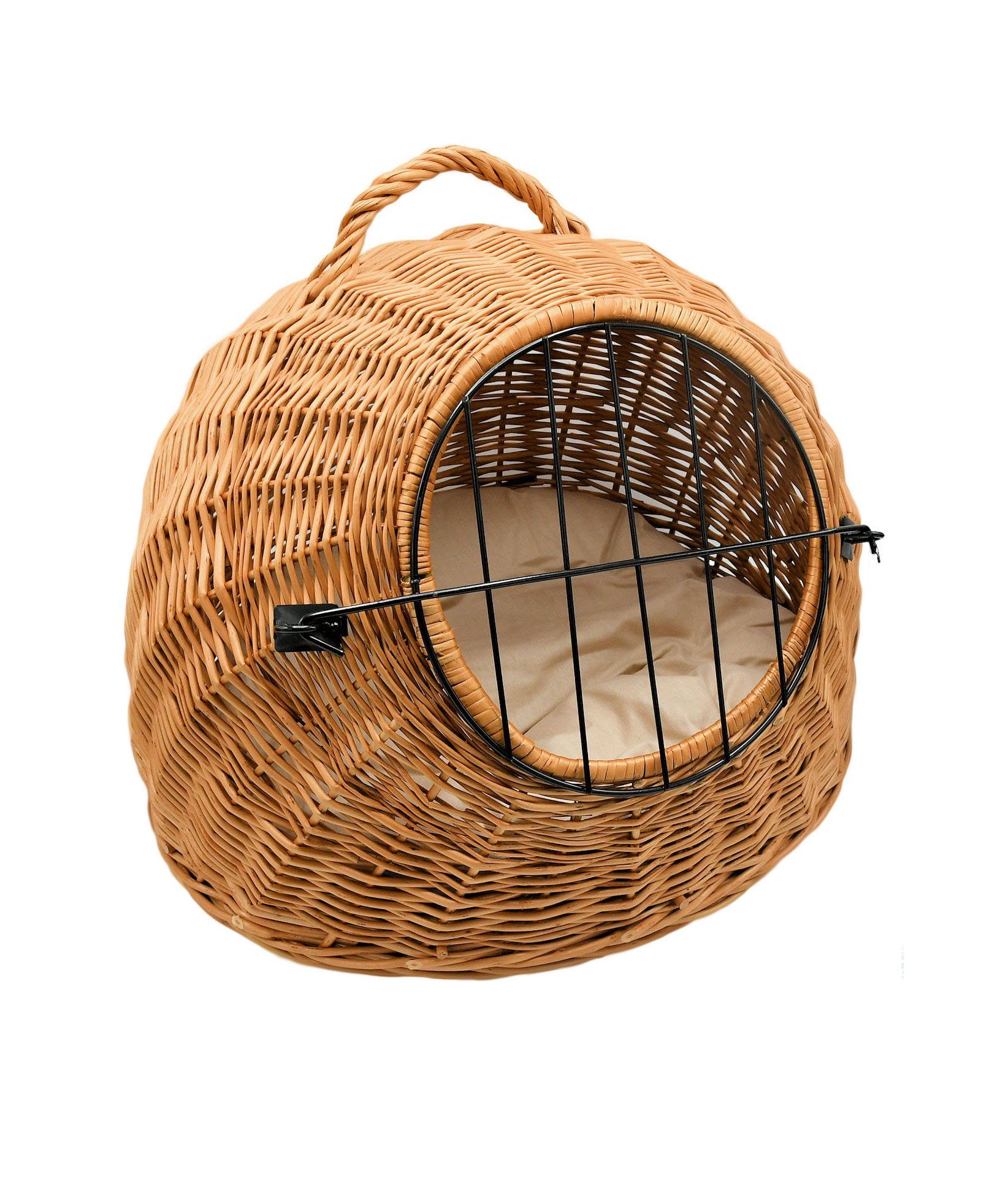 MyBer® Katzenliege Haustierbett Transportbox Katzen Kunde Korb höhle liege braun, Weide geflochten mit Griff Kissen Handarbeit 50/40/40cm K5-583-SB