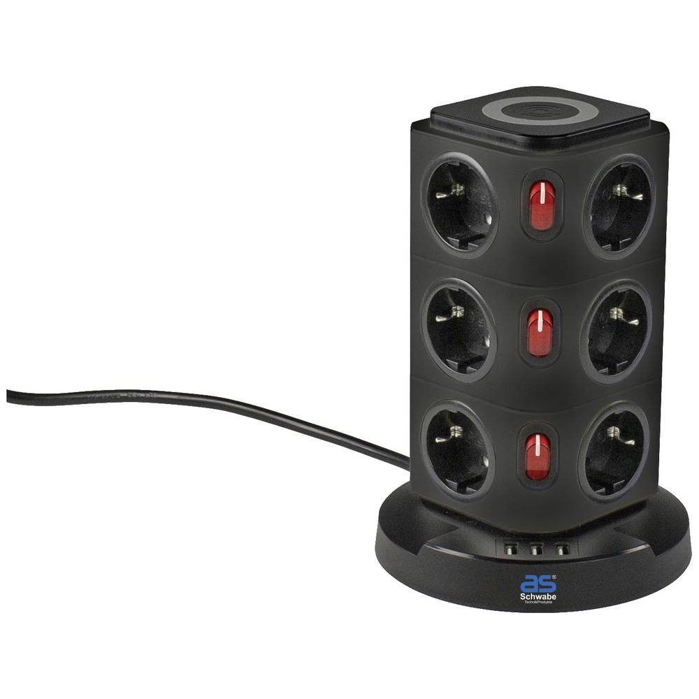 as - Schwabe Schwabe Steckdosentower 12-fach, 230V/16A, Steckdosenleiste, mit 3 Schalter, mit QI-Ladefunktion, mit USB-Ladeausgang