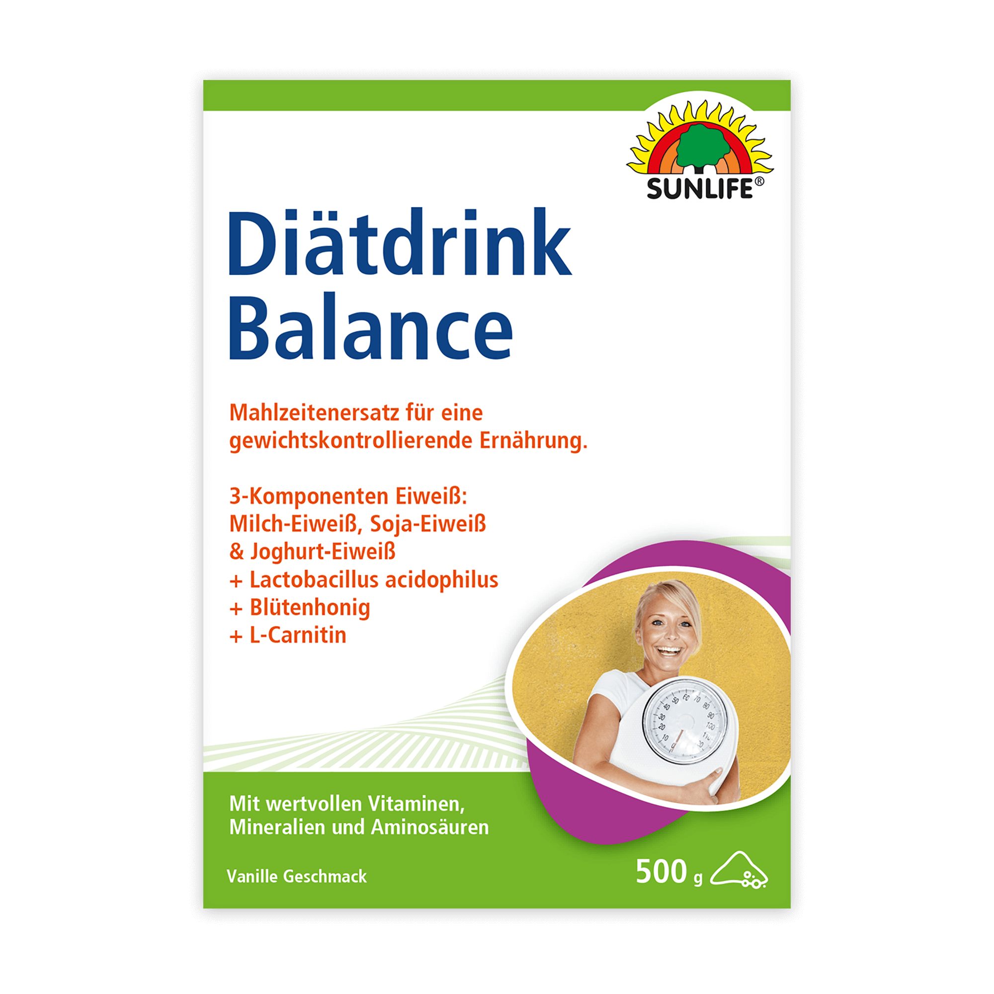 SUNLIFE SUNLIFE® Diätdrink Balance 500g Pulver Aminosäuren + 3 Eiweiß-Quellen Zur Gewichtsabnahme ersetzen Sie täglich zwei Hauptmahlzeiten mit dem SUNLIFE® Diätdrink Balance; um das Gewicht zu halten, ersetzen Sie täglich eine Mahlzeit. 30 g (ca. 2 gestrichene Messlöffel) SUNLIFE® Diätdrink Balance in 250 ml fettarmer Milch (1,5) unter Zugabe von ca. 1,5 g (1/2 Teelöffel) eines geschmacksneutralen und an ungesättigten Fettsäuren reichen Pflanzenöls (z.B. Sonnenblumenöl, Rapsöl oder Distelöl) verrühren. Gut schütteln oder mit einem Schneebesen/ Mixstab quirlen.