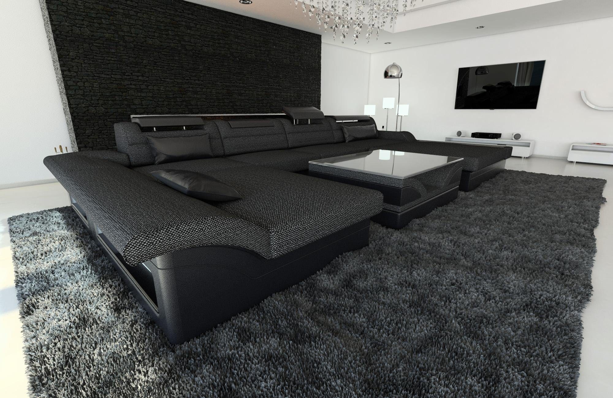 Designersofa Monza Dreams Stoff Polster Grau-Schwarz ausziehbare Wohnlandschaft LED, Stoffsofa, Couch Sofa mit Bettfunktion, Form U Schwarz H12