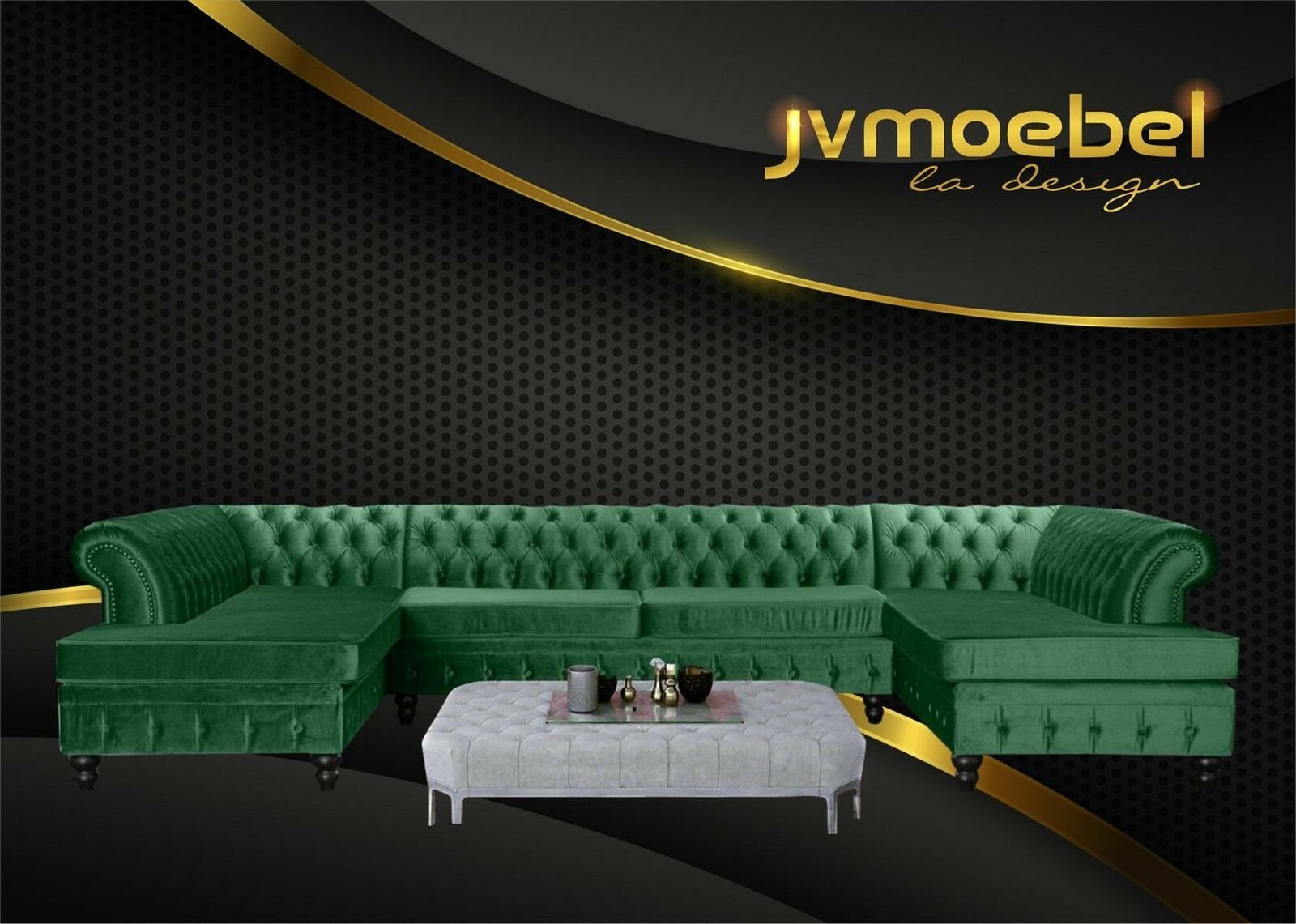 JVmoebel Ecksofa, Set Luxury Modern Ecksofa U-Form Chesterfield und Couchtisch Grün/Hellgrau