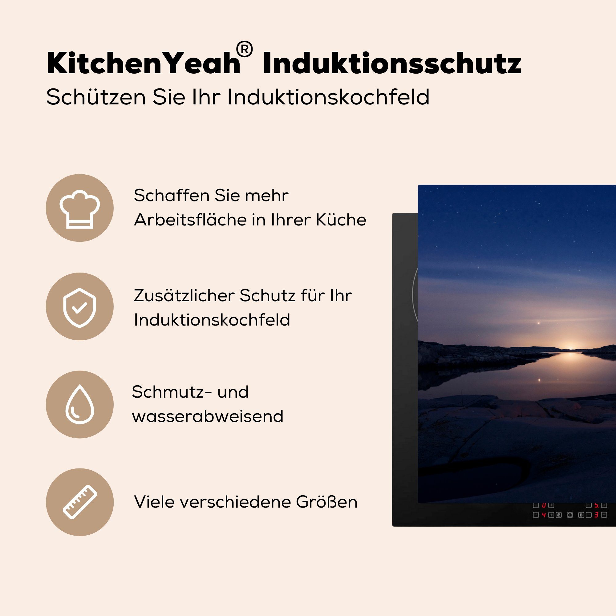 Mobile Sonnenaufgang, Ein Herdblende-/Abdeckplatte mit Beleuchtung 70x52 Arbeitsfläche MuchoWow Zelt tlg), Vinyl, Ceranfeldabdeckung nutzbar, bei cm, (1