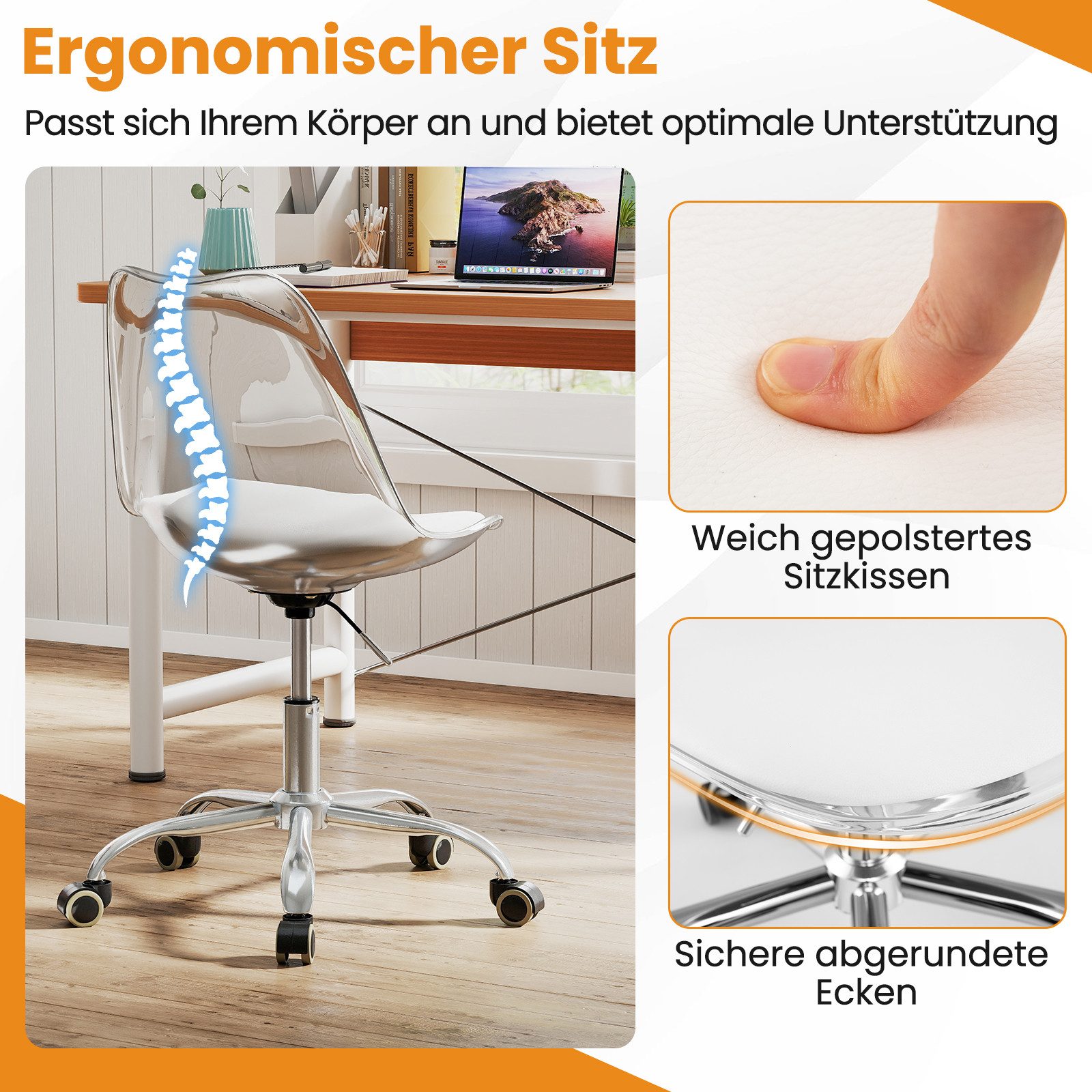 COSTWAY Bürostuhl, Klarer Schreibtischstuhl mit drehbarem Sitz & Polster
