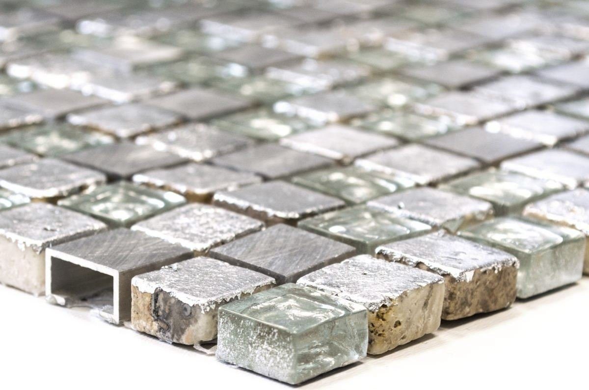 Mosani Mosaikfliesen Glasmosaik Mosaikfliese Resin grau silber Aluminium
