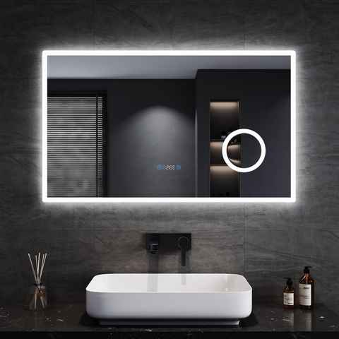 SONNI Badspiegel Badspiegel mit LED Beleuchtung 80/100x60cm mit 3-facher Vergrößerung, mit Touch, Helligkeit einstellbar, Beschlagfrei, Uhr, Temperatur, IP44