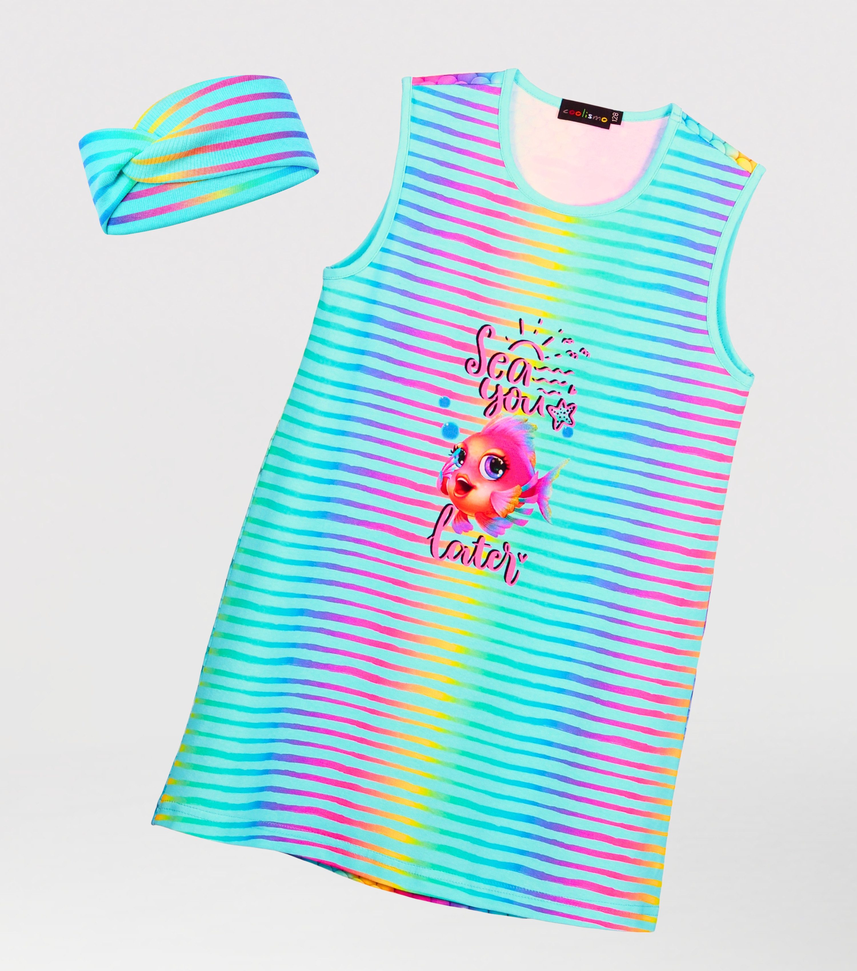coolismo Kleid & Haarband Shirtkleid Regenbogenfisch-Print & Haarband gestreift (Set, 2-tlg., Kleid & Haarband) niedliches Design, Baumwolle