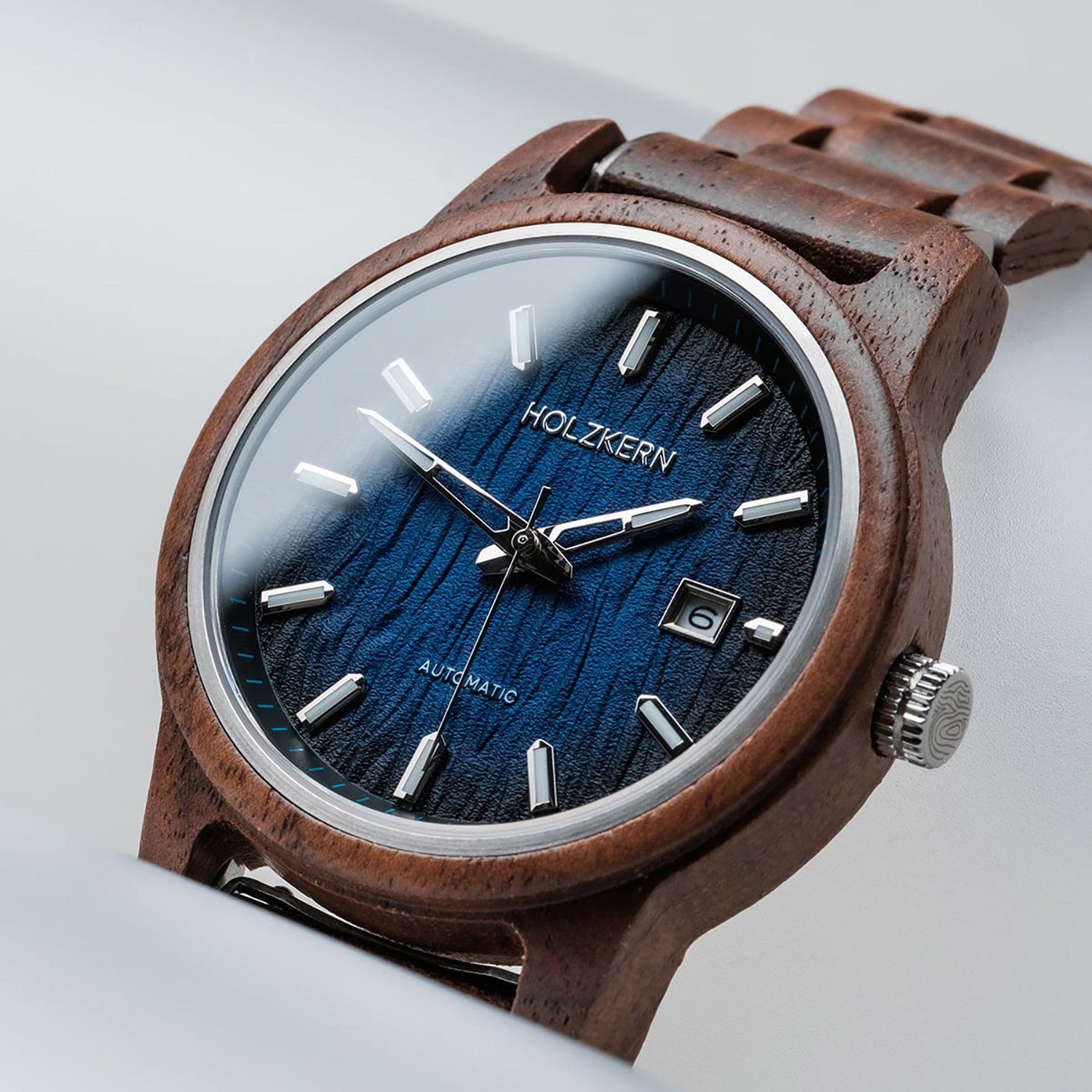 Holzkern Automatikuhr 9010631022266, Herrenuhr Automatik Nightbird Walnuss/Blau