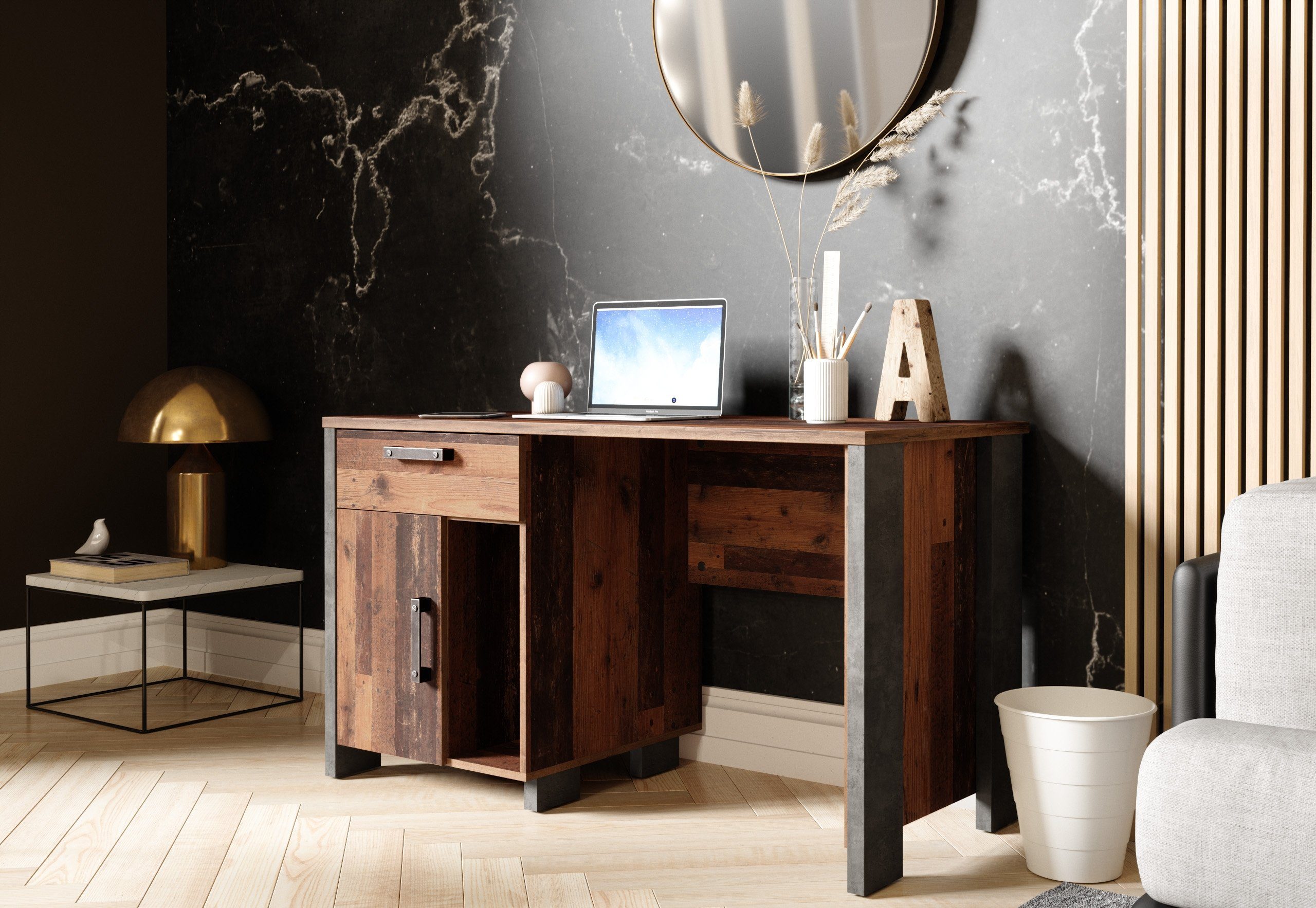 Newroom Schreibtisch Old Wood 127 cm, Computertisch Old Wood Beton Optik Vintage Industrial PC Tisch
