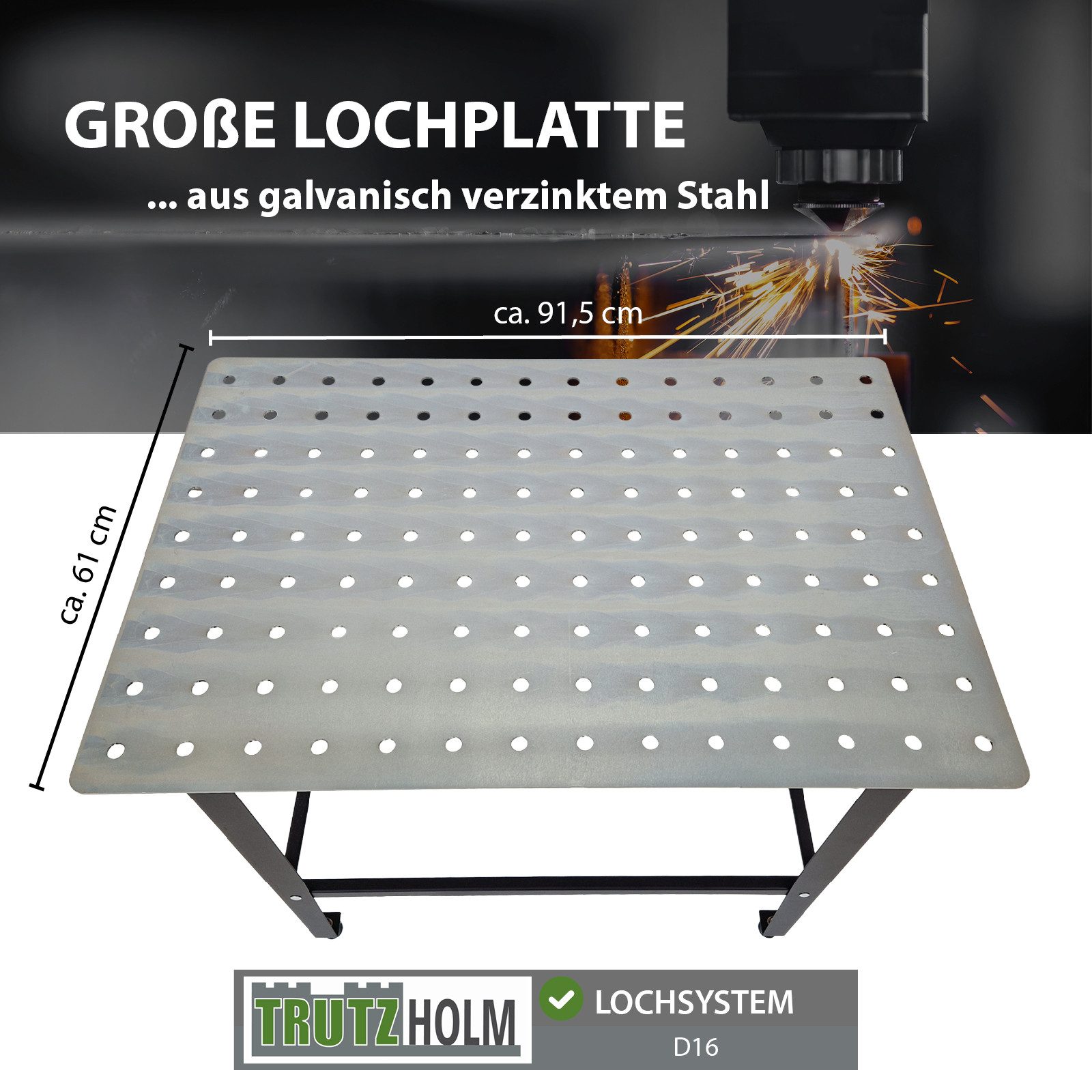 TRUTZHOLM Schweißtisch mit Lochplatte Stahl 91,5 x 61 x 80 cm Tragkraft 200 kg, Robuste Arbeitsplatte, genormte Lochplatte, massives Gestell