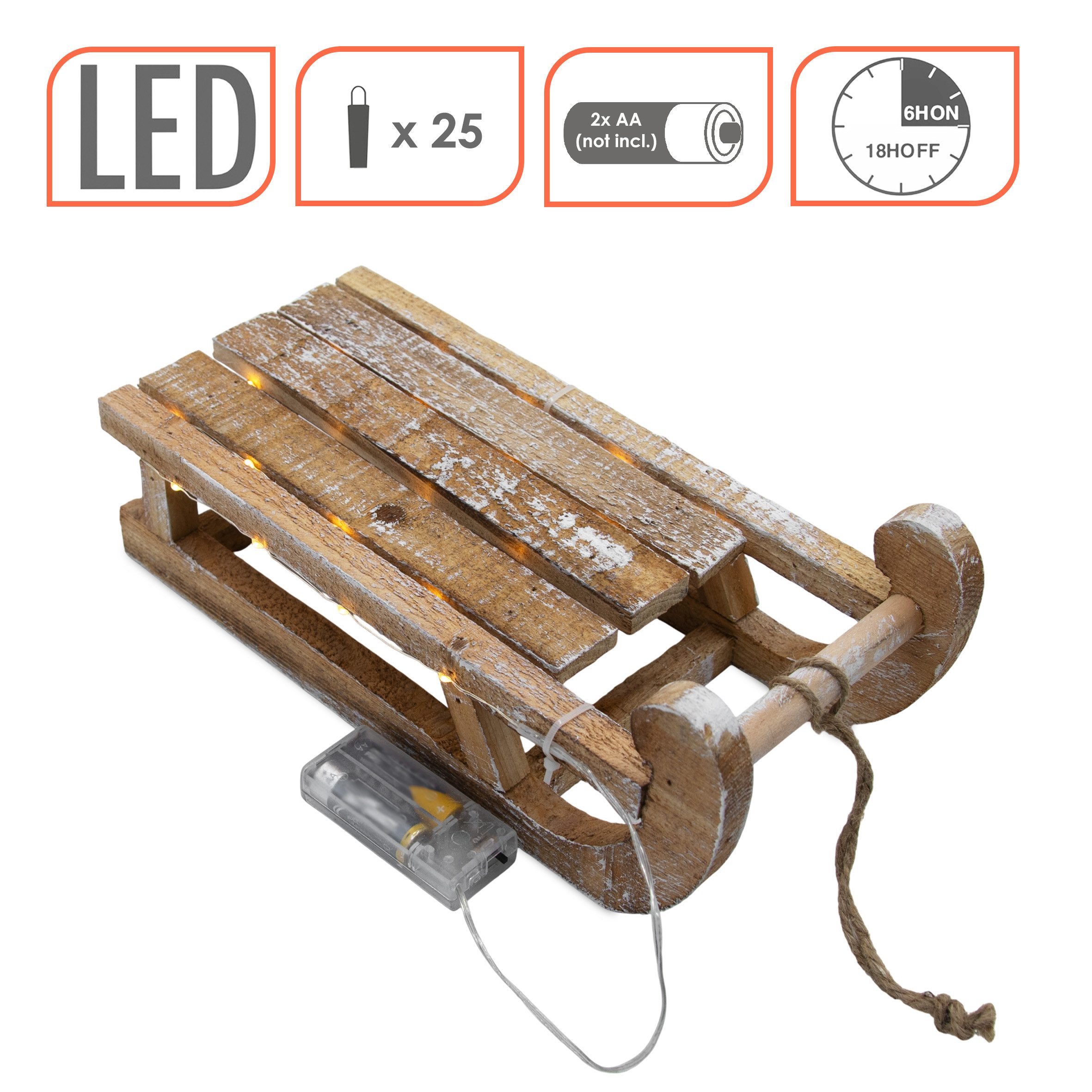 Spetebo LED Dekofigur LED Deko Holz Schlitten 30 cm - 25 LED - Timer, An / Aus / Timer, LED, warmweiß, Timer – Bild 3 von 5