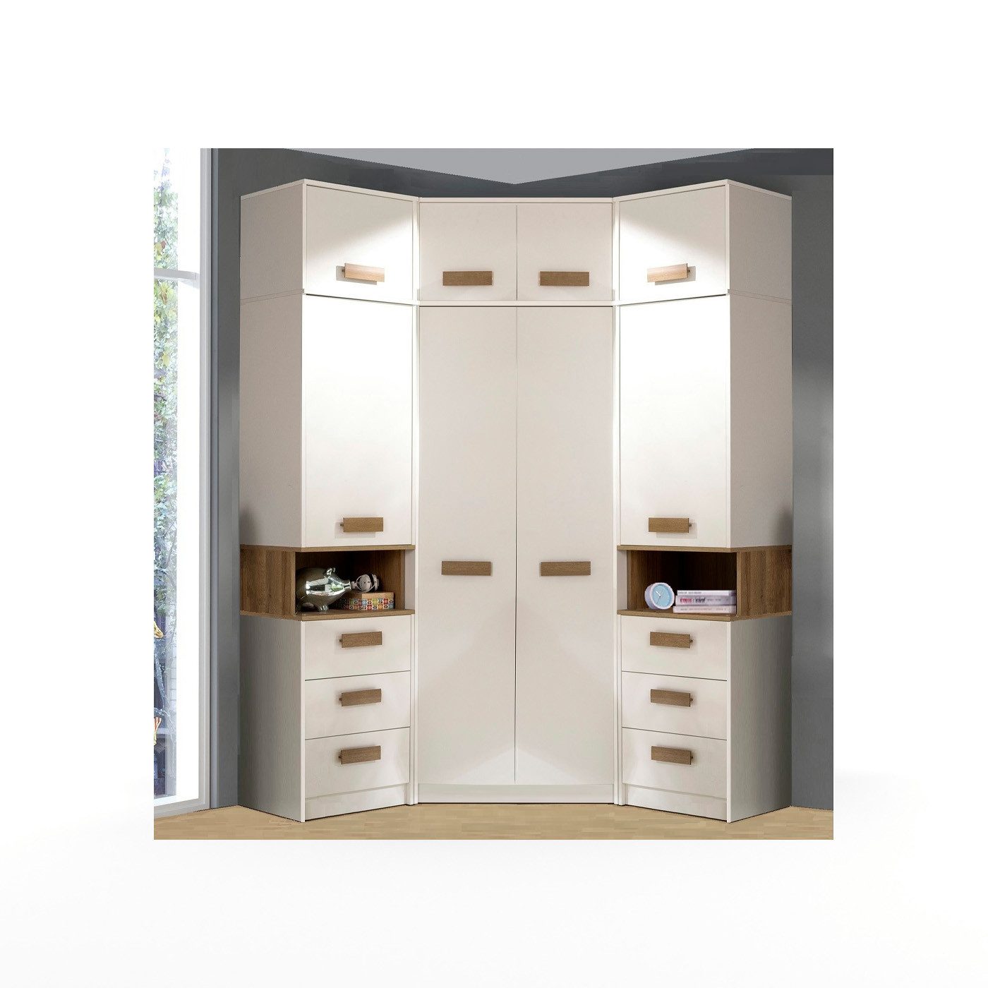 Marmex Möbel Schrank-Set Grant G14 Kinderzimmer-Set, Jugendzimmer-Set, (6-St., 2 Regale, Eckschrank, drei Schrankverlängerungen), Soft-Close-Türen, Vollauszug der Schubladen