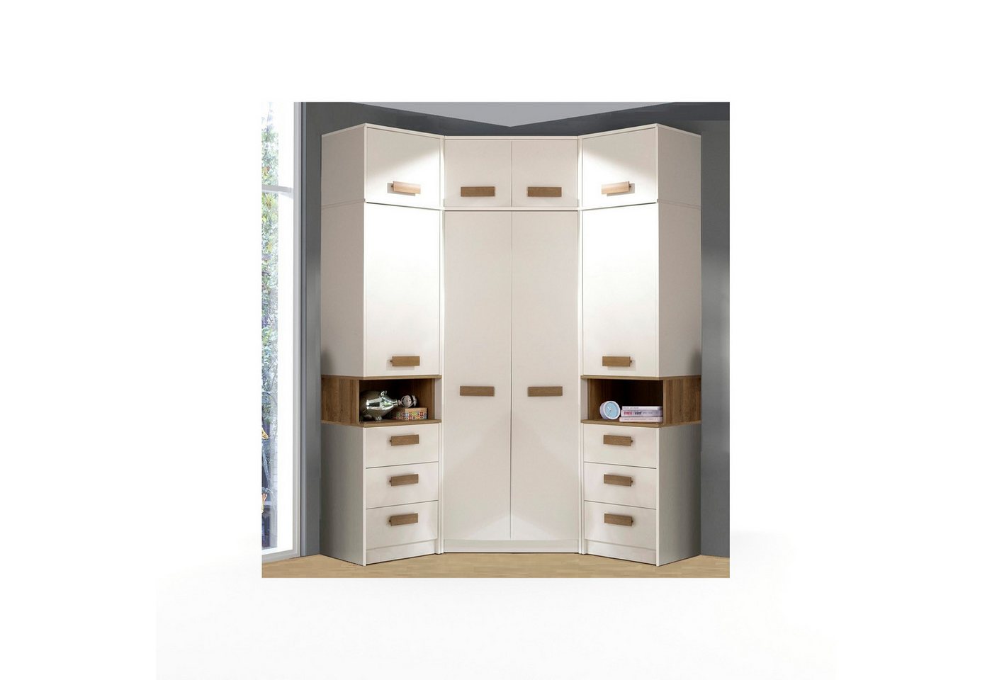 Marmex Möbel Schrank-Set Grant G14 Kinderzimmer-Set, Jugendzimmer-Set, (6-St., 2 Regale, Eckschrank, drei Schrankverlängerungen), Soft-Close-Türen, Vollauszug der Schubladen