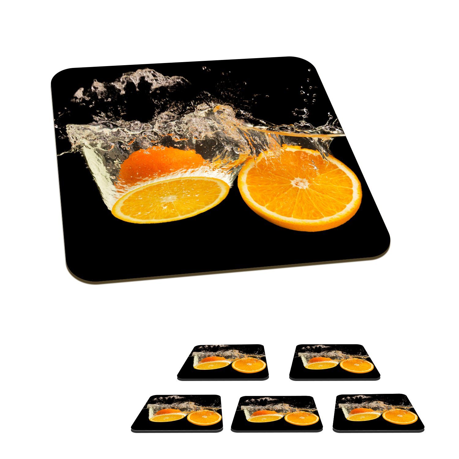 MuchoWow Glasuntersetzer Orange - Stillleben - Wasser - Schwarz - Obst, Zubehör für Gläser, 6-tlg., Glasuntersetzer, Tischuntersetzer, Korkuntersetzer, Untersetzer, Tasse