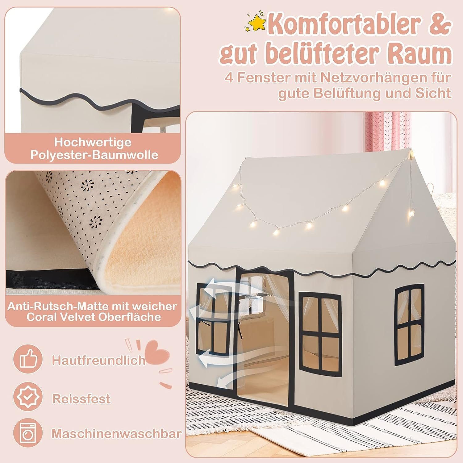 KOMFOTTEU Spielzelt Kinderspielhaus Kinderzelt mit Sternenlichtern & Matte, für 3 Kinder/2 Erwachsene