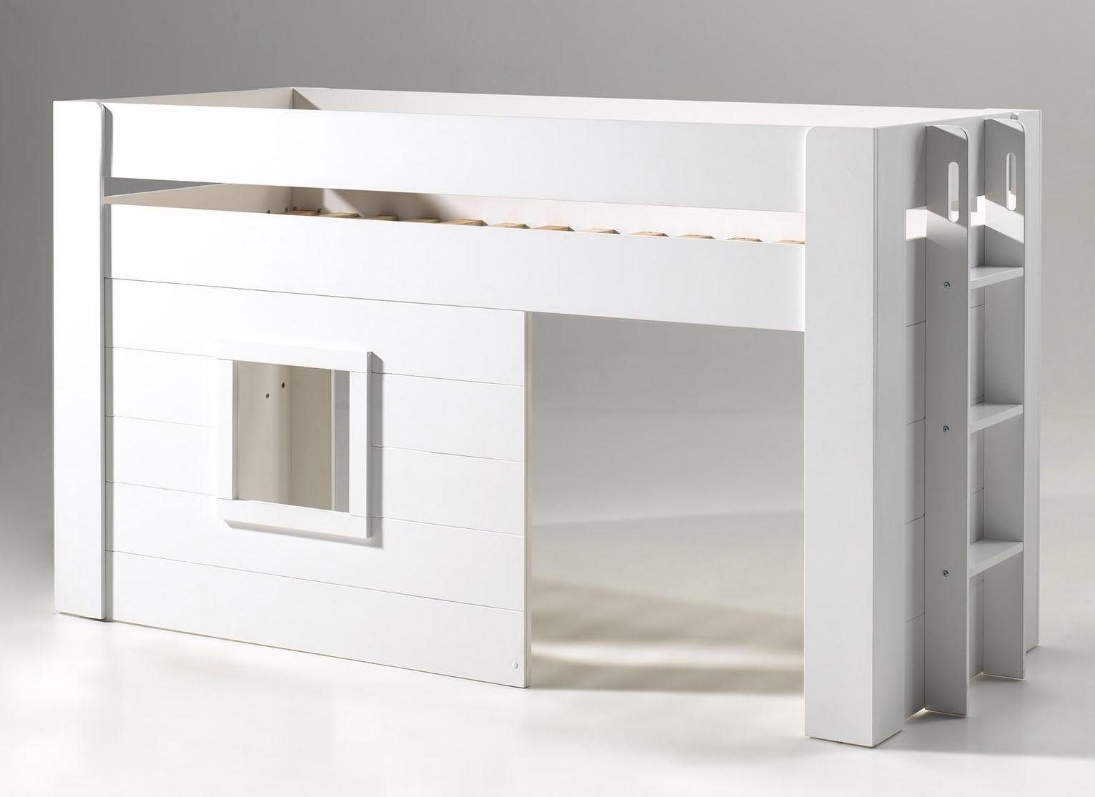 Vipack Hochbett Noah, ein tolles Budenbett mit hoher Standfestigkeit, weiß lackiert (B/H/Tca.214x120x96cm, Leiter rechts/links möglich, Absturzschutz oben) inkl. Rolllattenrost, wahlweise mit und ohne Textilvorhang