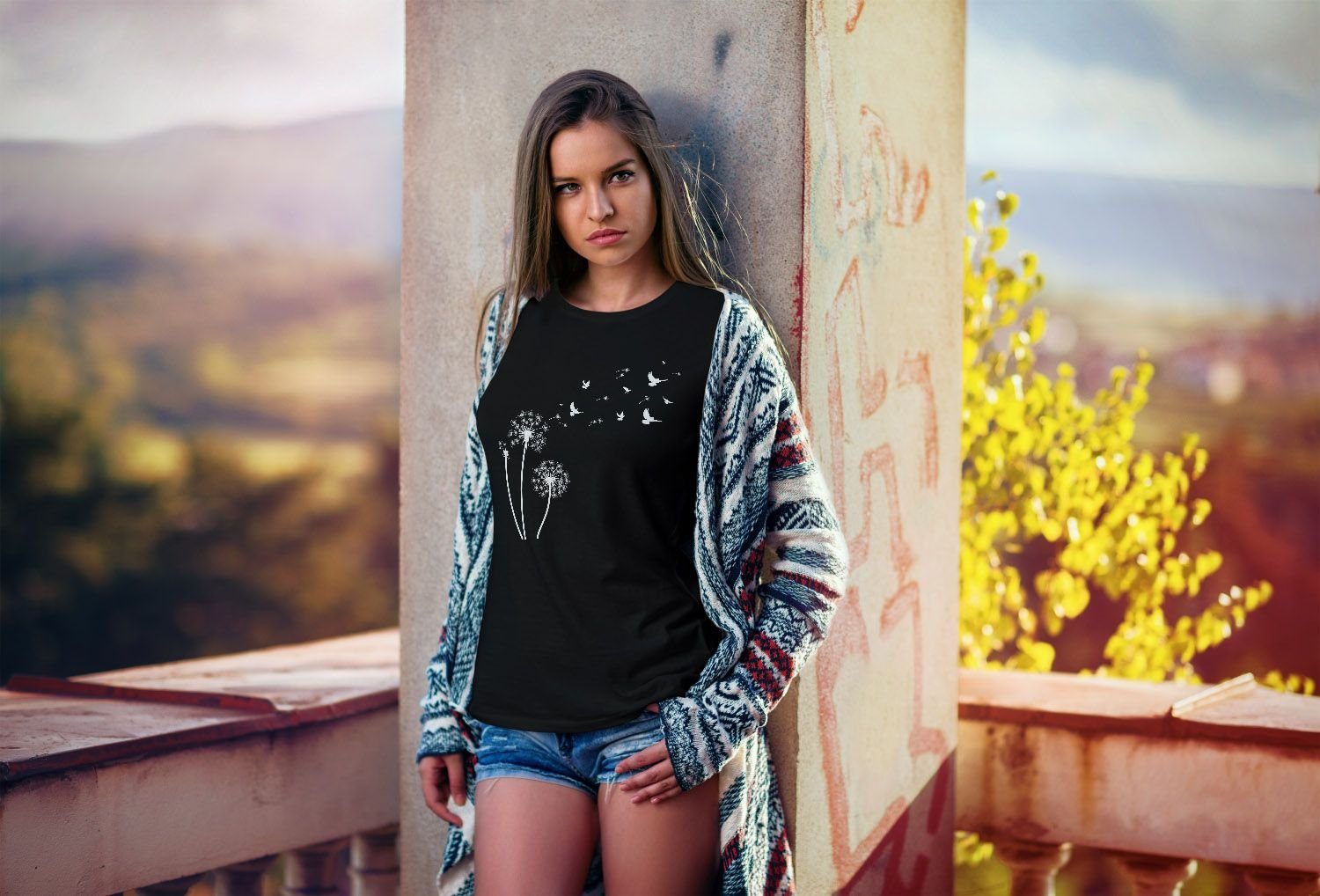 schwarz Birds Neverless® Print-Shirt Fit Damen Dandelion T-Shirt Vögel Pusteblume Slim Neverless Print mit