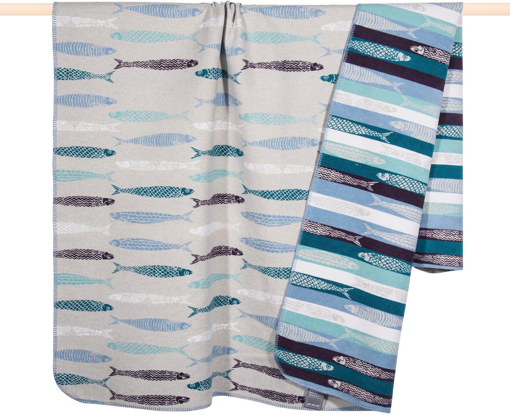 Wohndecke SARDINE, PAD, Made in Europe, Wendefunktion, gestreift, Motiv Fische, 150x200 cm