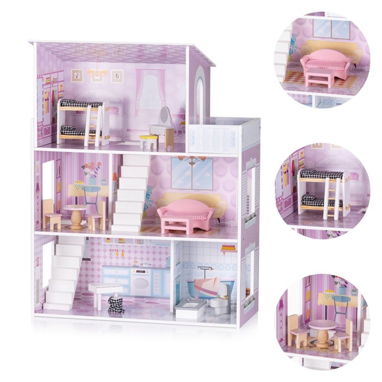 Chipolino Puppenhaus Puppenhaus 12-teiliges Set, Treppen, 3-Ebenen, ab 3 Jahren