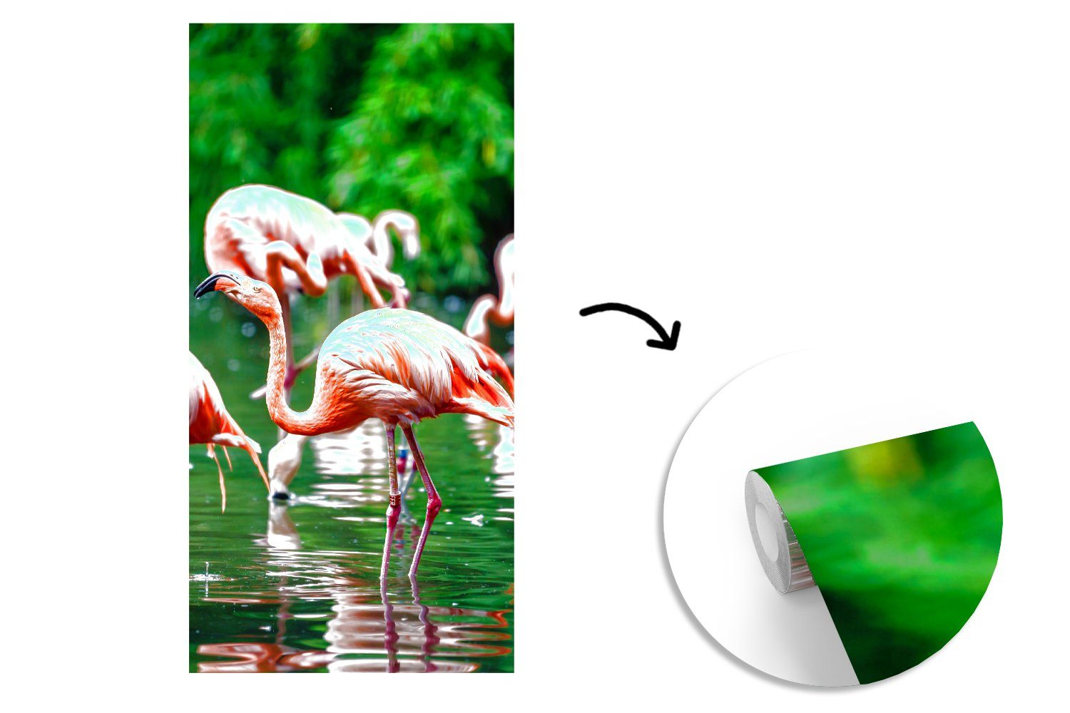 MuchoWow Fototapete Flamingo - - - Vogel Vliestapete bedruckt, (2 Rosa, Küche, Matt, Wohnzimmer - Fototapete für Tropisch Schlafzimmer Wasser St)