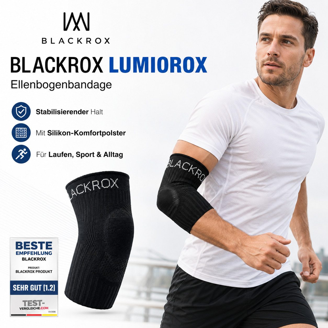 BLACKROX Ellenbogenbandage [Vergleichssieger 2026] Gr. S-L, Damen & Herren, LUMIOROX, Schwarz