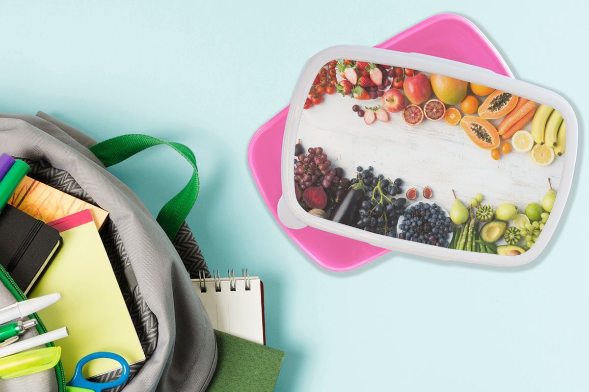 rosa Regenbogen (2-tlg), für Erdbeere - Snackbox, MuchoWow Lunchbox Papaya, Kinder, Erwachsene, Kunststoff, Kunststoff Obst Brotdose Weintrauben - Brotbox - Mädchen, -