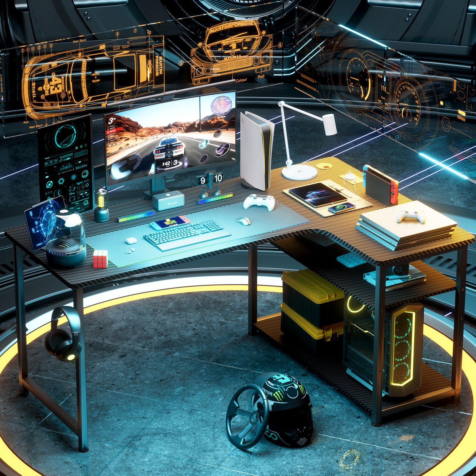 GTPLAYER Schreibtisch Gaming Tisch Eckschreibtisch mit Regal USB-Ladeanschluss und Steckdose (1 Tisch), 120/100cm Computertisch L Form, PC Tisch für Büro, Heimb – Bild 3 von 5