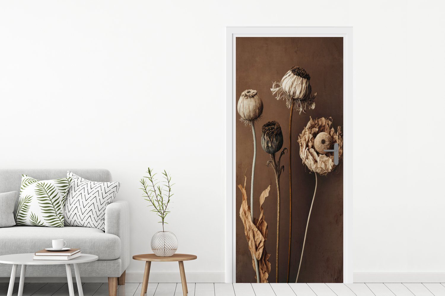 MuchoWow (1 Blumen Braun, Tür, cm Pflanzen - - bedruckt, St), Matt, Fototapete Türtapete für Türaufkleber, 75x205 Trockenblumen -