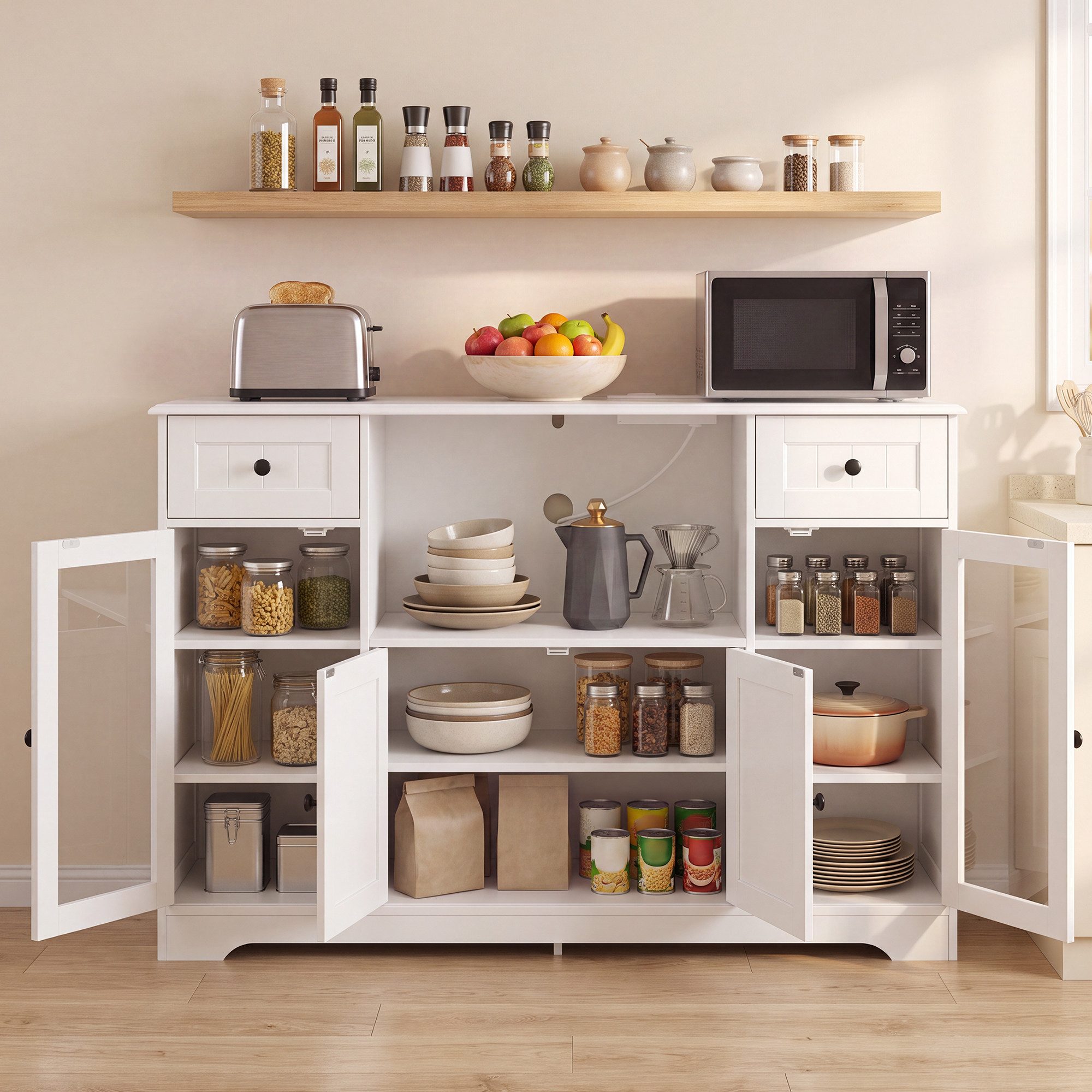 Bealife Buffet Küchenschrank mit Mikrowellenregal mit Schubladen Ablagen – Bild 2 von 5