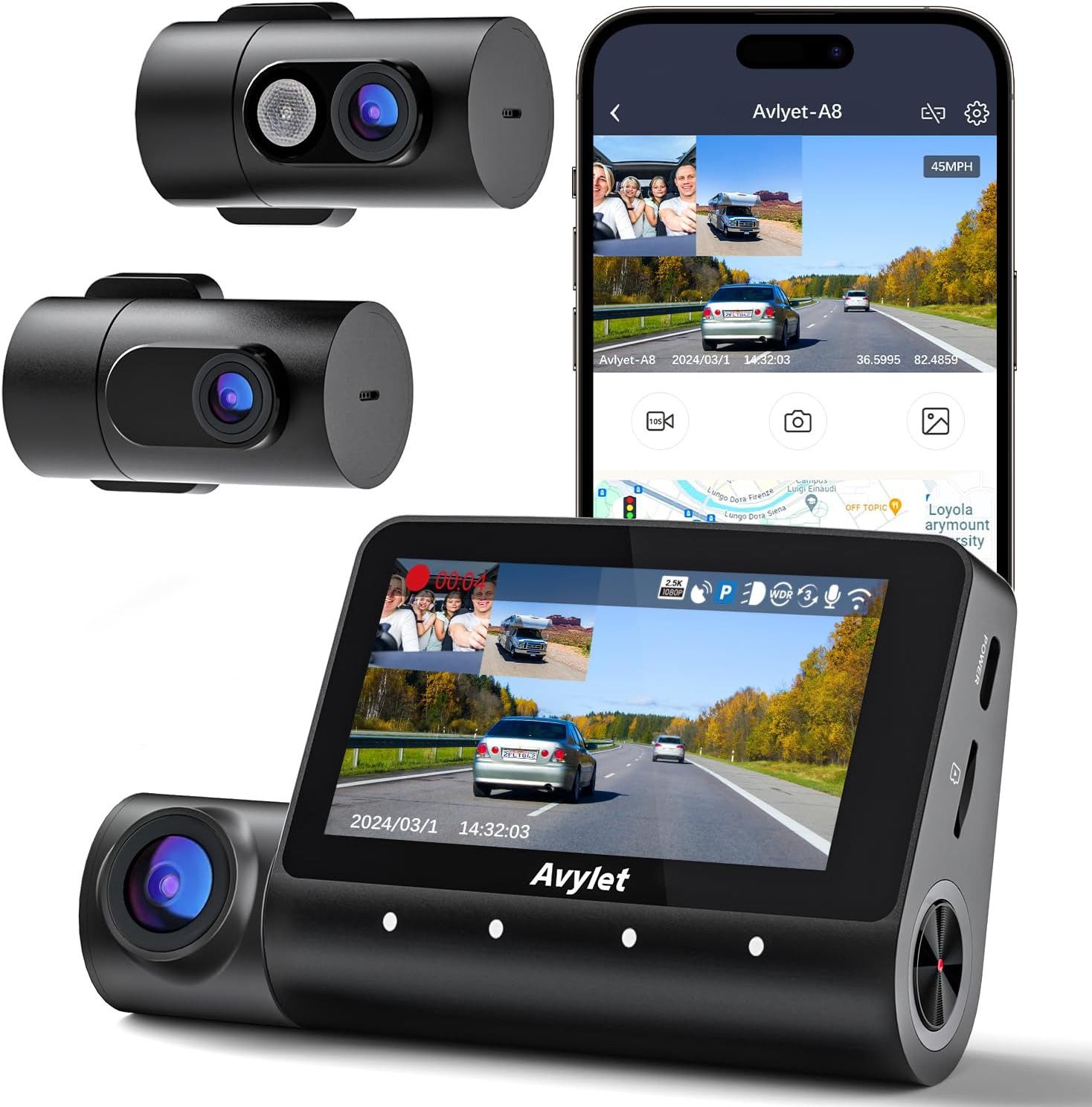 TWUFY Dashcam Auto,3 Channel 3" IPS-Bildschirm,mit GPS,WiFi,Auto kamera Dashcam (4K/1080P+1080P, G-Sensor, TF Karte( Nicht enthalten) , G-Sensor, wasserfest, 170°Weitwinkel WDR, Loop-Aufnahme,Parküberwachung,Unterstützt 256GB Max)