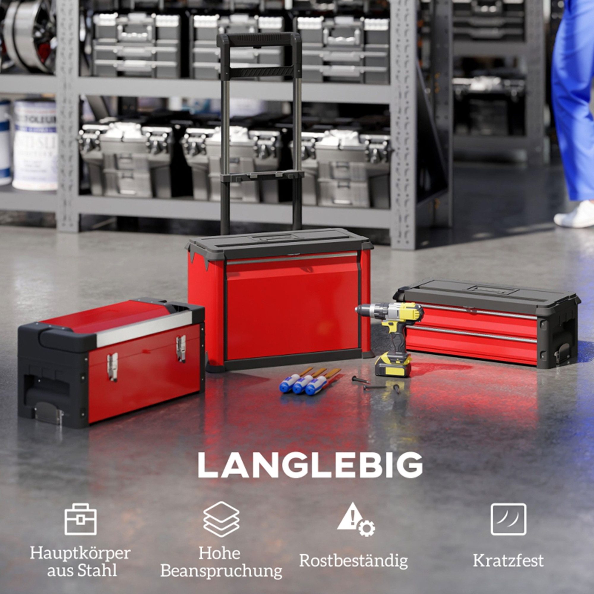 MC Star Werkstattwagen inkl. Koffer Werkzeugwagen leer mit 3 modularen Einheiten, (Rollwagen zur Werkzeugaufbewahrung, Werkzeugkasten mit Griff, Stahl, Rot)