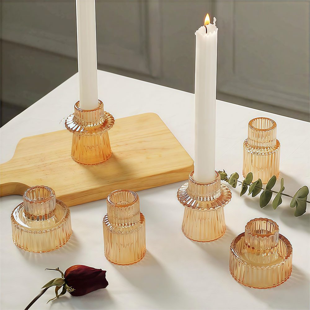 AFKSMILE Kerzenhalter 6er-Set Glas-Kerzenhalter, 2-in-1-Teelichthalter für Tischdekorationen, Doppelseitige Vintage-Kerzenhalter aus geripptem für Dinnerpartys