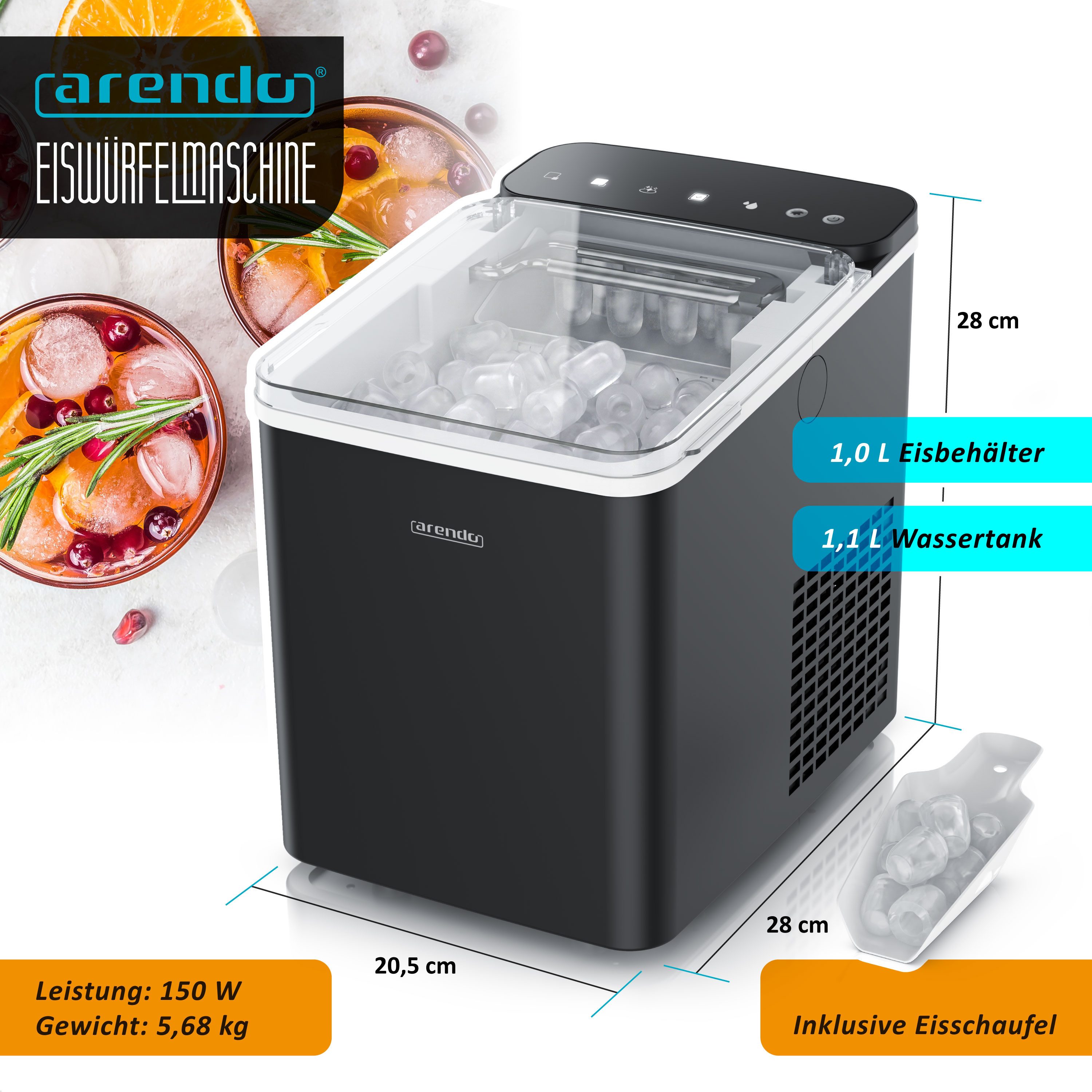 Arendo Eiswürfelmaschine Ice Maker Eiswürfelbereiter, max. 12kg Eiswürfe pro Tag, 1,1L Behälter, Automatische Abschaltung, Sichtfenster, Clean-Funktion, Warnfunktion