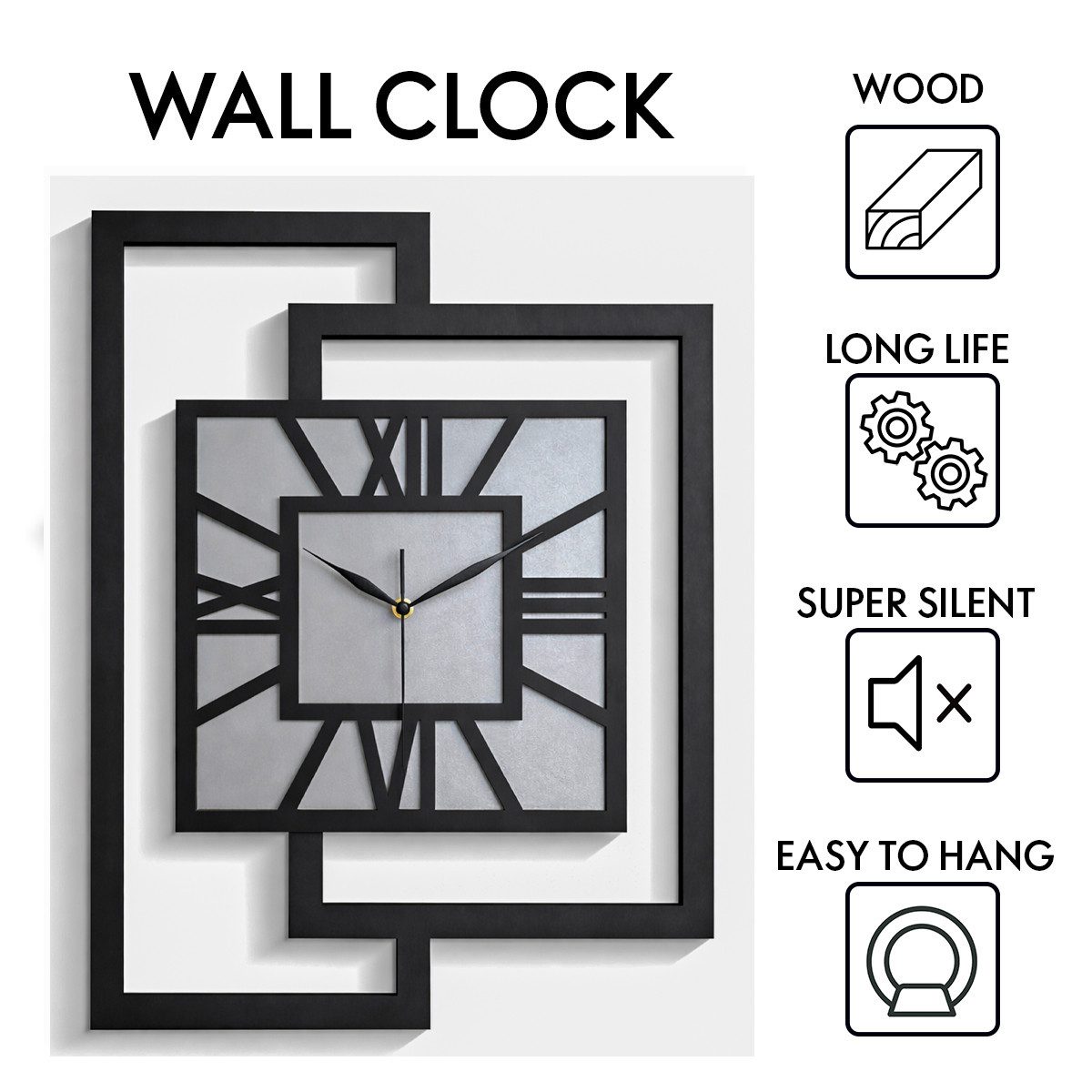 ORNAMENTI Wanduhr Große handgefertigte, moderne, aus Holz, Hingucker, 44 x 56 cm, grau (Rechteckig vertikal ohne Tickgeräusche für Wohnzimmer lesbare Ziffern)