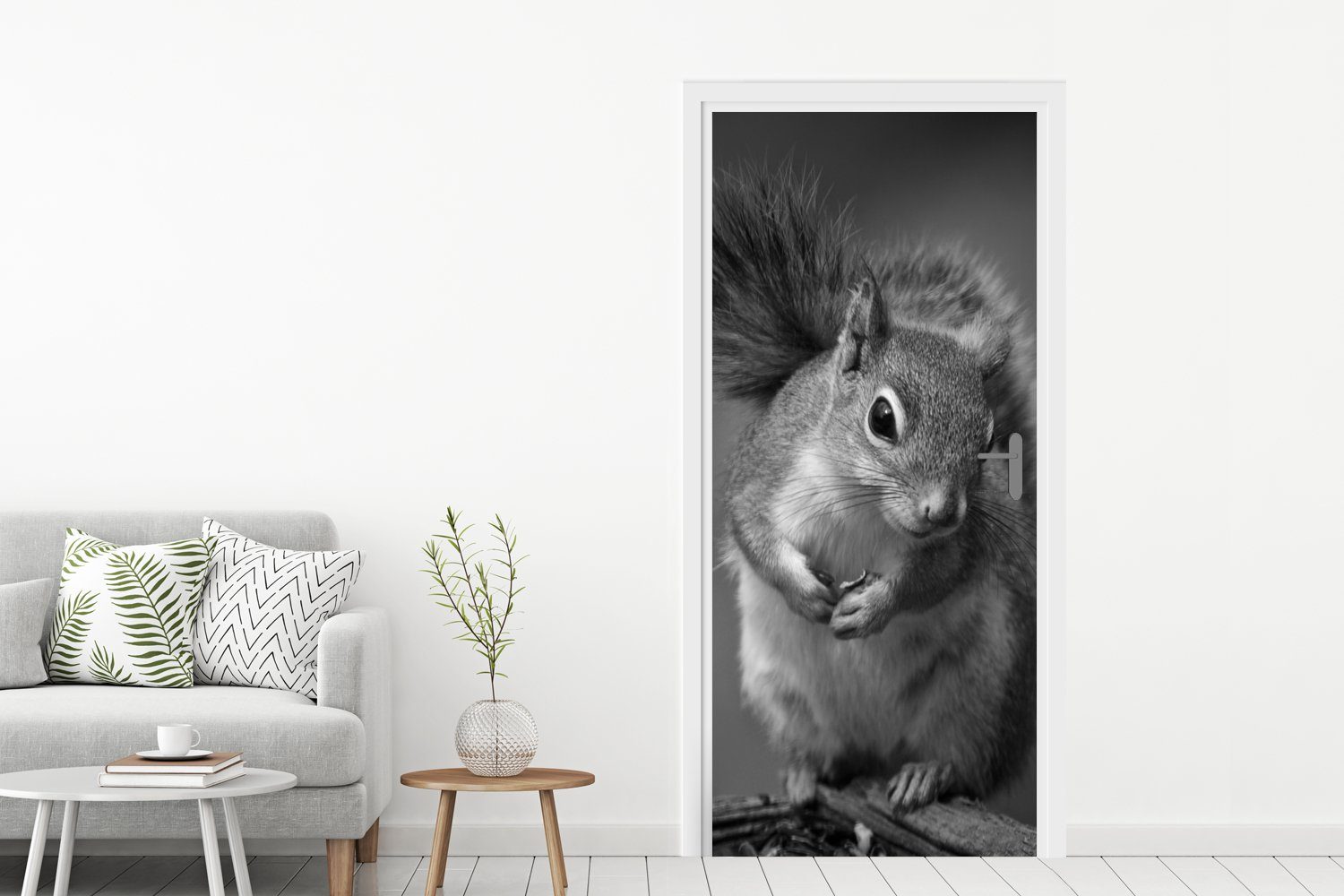 Eichhörnchen Türaufkleber, MuchoWow cm für Neugieriges bedruckt, Tür, St), 75x205 und Matt, Fototapete Türtapete (1 Weiß, in Schwarz