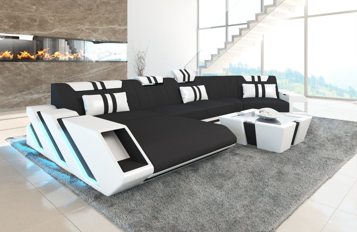 Sofa Dreams Wohnlandschaft Stoff Sofa Apollonia C Form Stoffsofa Polster Couch Sofa, mit LED, wahlweise mit Bettfunktion als Schlafsofa, Designersofa C33 Schwarz-Weiss