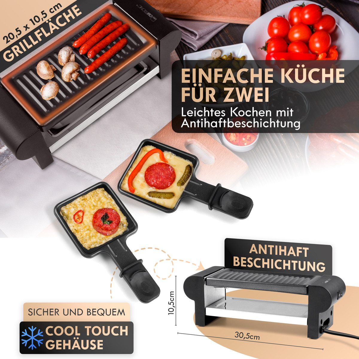CLATRONIC Raclette RG 3592, Raclette Grill für 2 Personen, Platzsparend