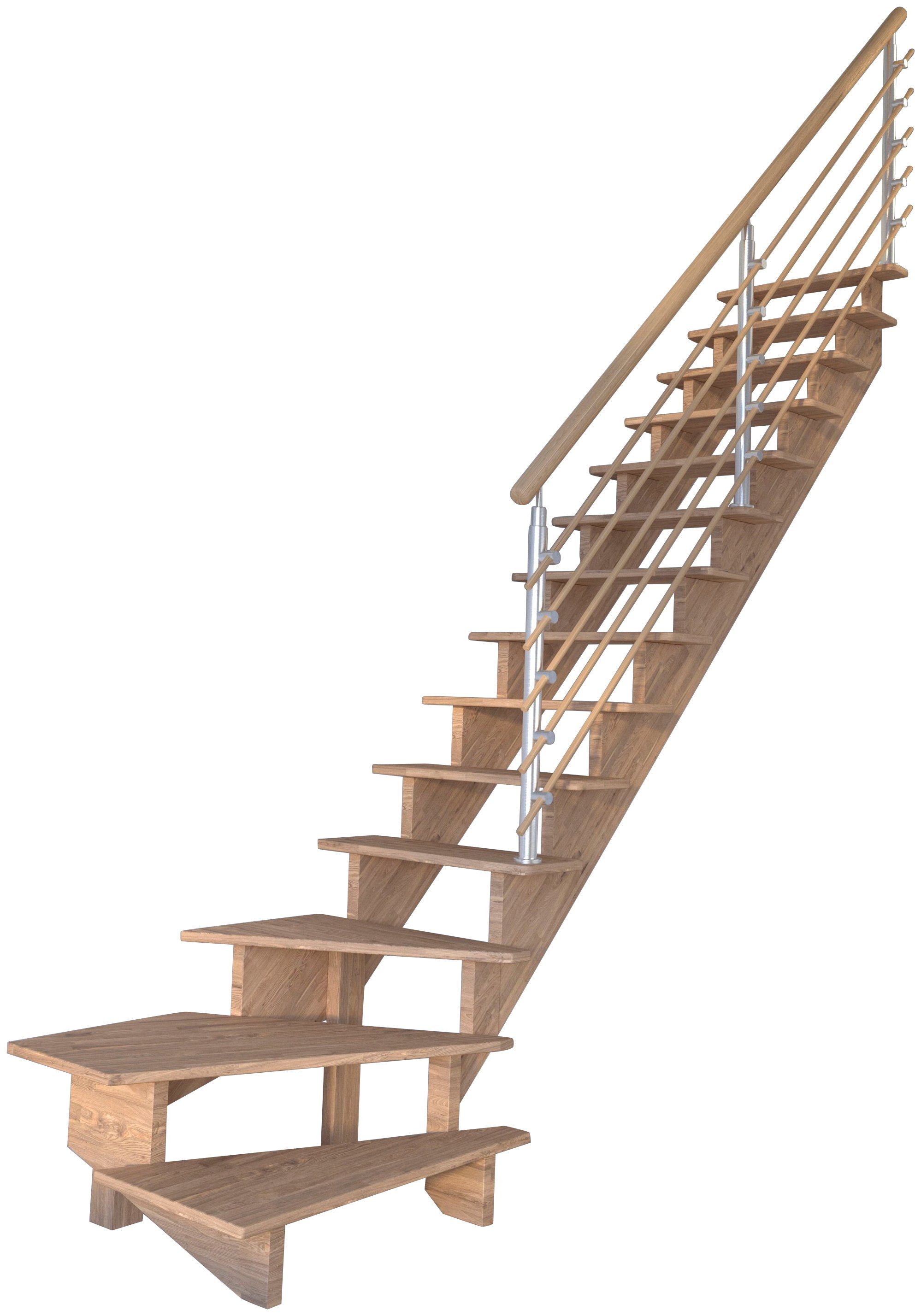 Starwood Systemtreppe Massivholz Lindos, Design-Geländer Holzrundstäbe, für Geschosshöhen bis 300 cm, Stufen offen, gewendelt Rechts, Durchgehende Wangenteile