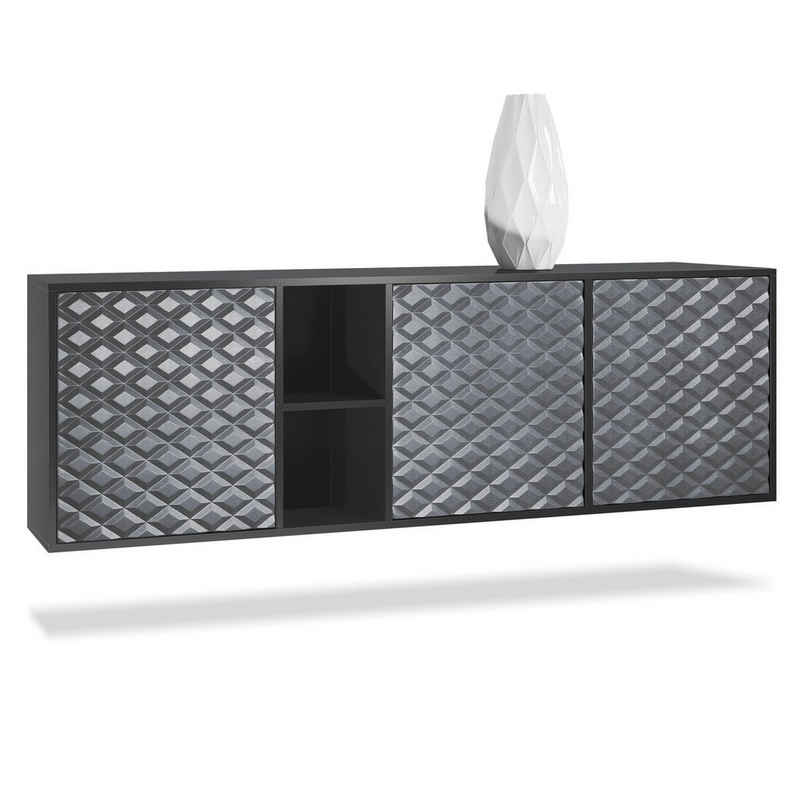 Vladon Sideboard Cuba (Kommode, mit 3 Türen und 2 offene Fächer), Schwarz matt/3D Stahlgrau (182 x 53 x 35 cm)
