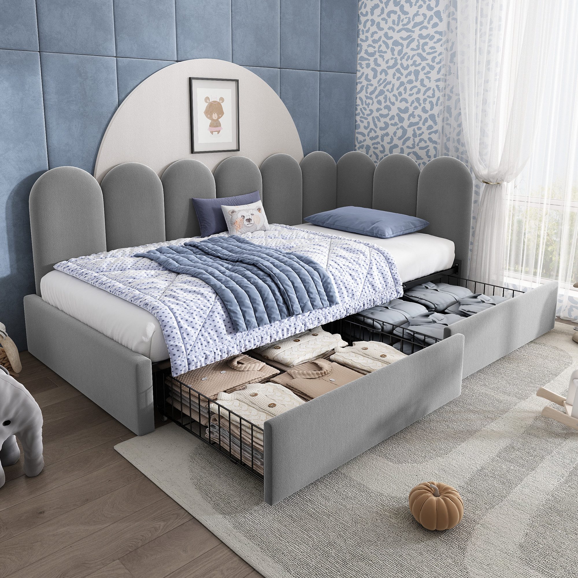 Odikalo Schlafsofa Polsterbett 90x190 Schlafcouch mit Schubladen, mit Schubladen Stauraumbett Samt Daybett Tagesbett Schlafsofa 90x190cm mit Lattenrost Jugendbett und Erwachsene Kinderbett,Grau(Ohne Matratze)