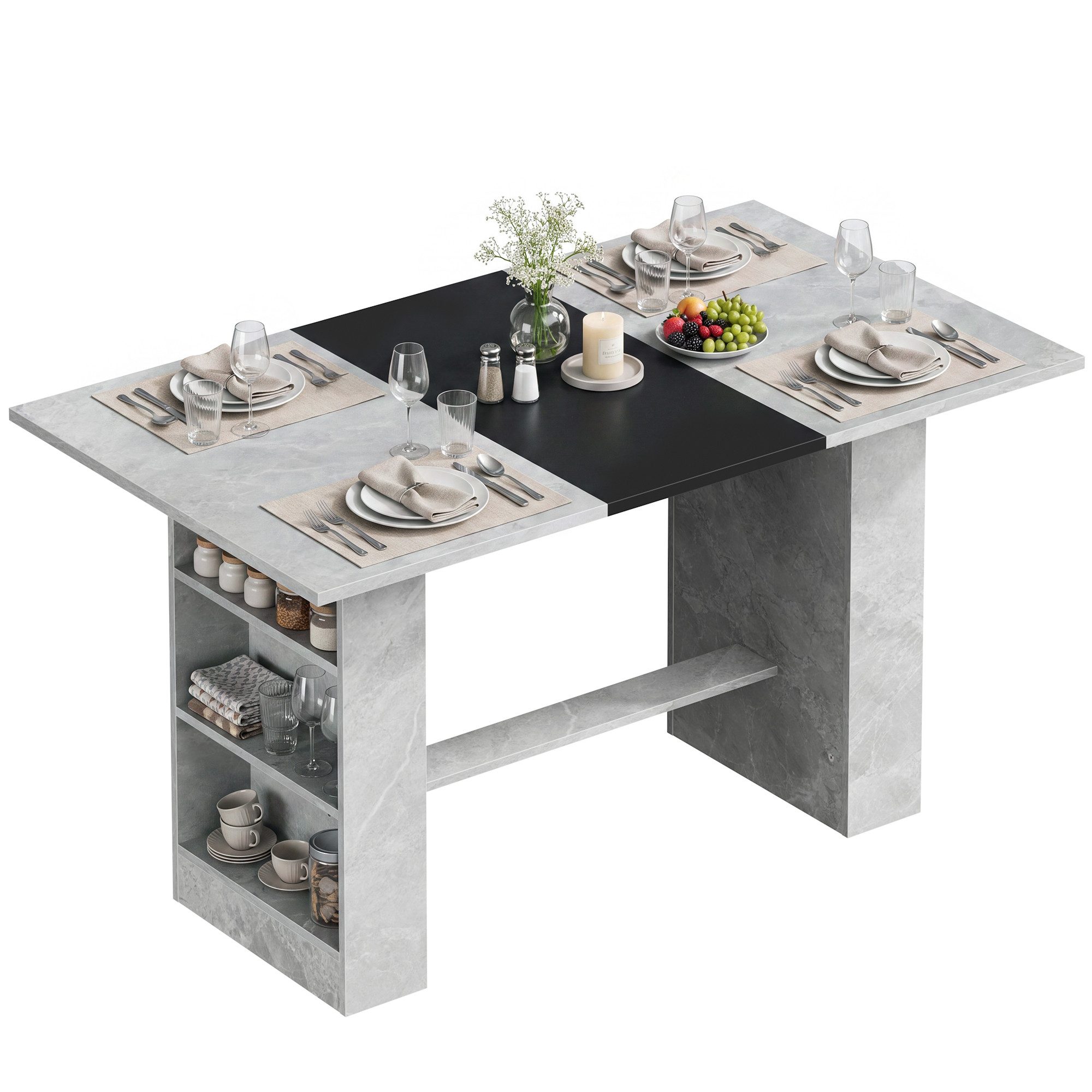 OYRREU Ablagetisch mit integrierten Fächern, Esstisch, modern, Esszimmer (Schreibtisch, Abstelltisch, 3-in-1 Multifunktionstisch 1-St., Tisch mit Stauraum, Säulen, Ablagefächern), für bis zu 6 Personen Wohnzimmer Büro, breite 140cm, ergonomisch