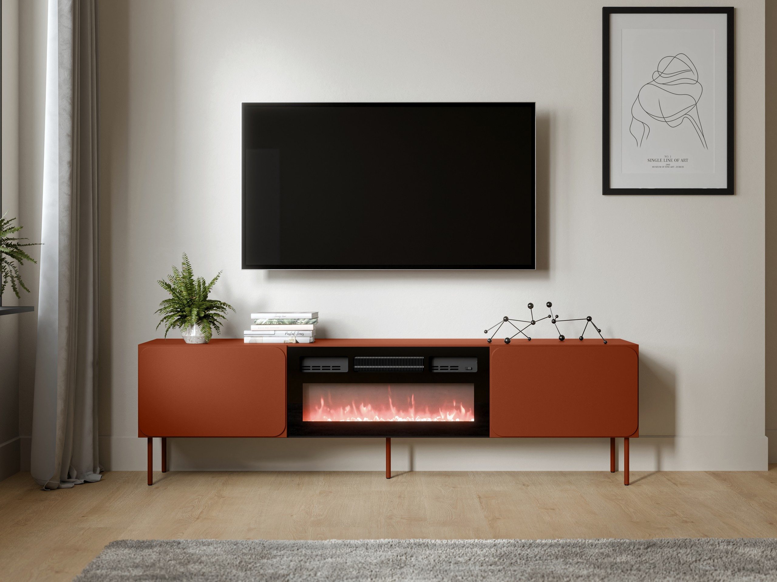 MIRJAN24 TV-Schrank Rafael 200 EF mit Kamin (mit zwei Drehtüren) Realistische LED-Flamme, 200x40x58 cm, Metallfüße