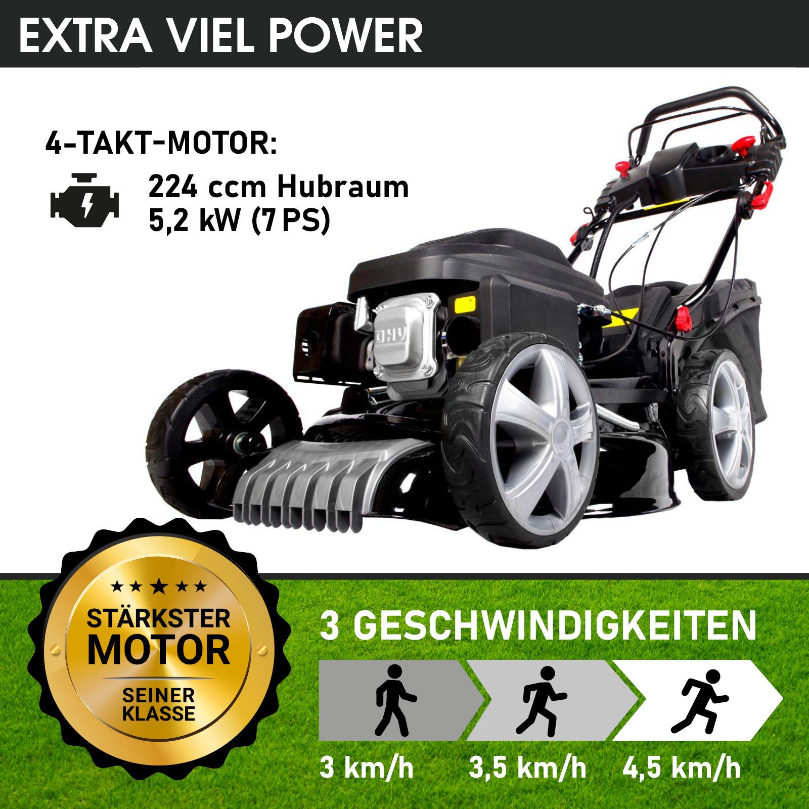BRAST Benzinrasenmäher mit Antrieb, 5,2kW(7PS), TÜV geprüft, 4 Takt OHV Motor, E-Start, 48 cm Schnittbreite, 30-80mm Schnitthöhe, 60L Fangkorb, Stahlgehäuse, 19224 E-Start Speed