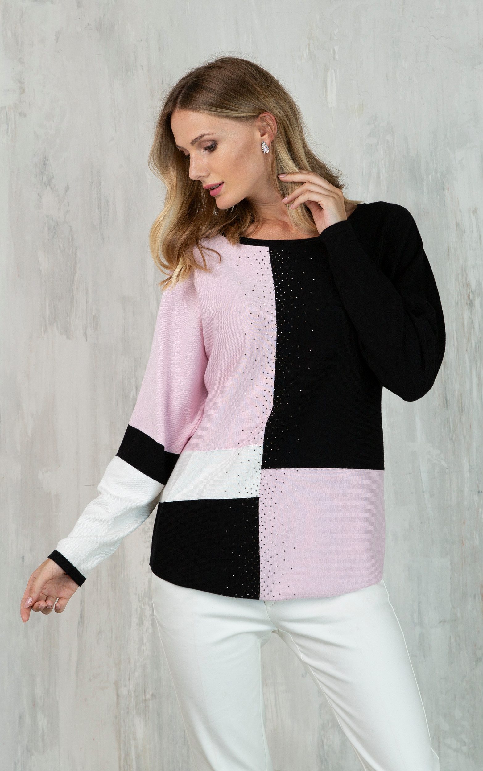 Passioni Strickpullover im Color Block-Design mit Strass
