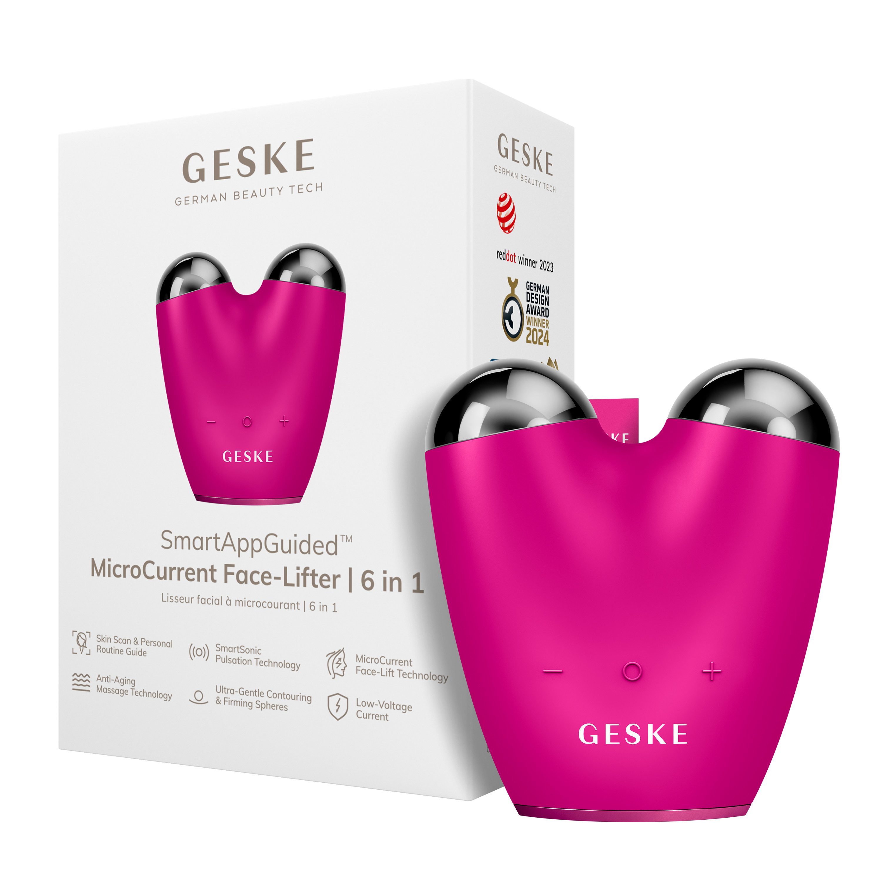 GESKE German Beauty Tech Enhancer SmartAppGuided™ MicroCurrent Face-Lifter 6 in 1, Packung (Gerät & USB-Ladekabel), 2-tlg., Gerät inkl. kostenloser APP (SmartAppGuided Device), Mit der GESKE App erhältst Du deine personalisierte Hautpflegeroutine.