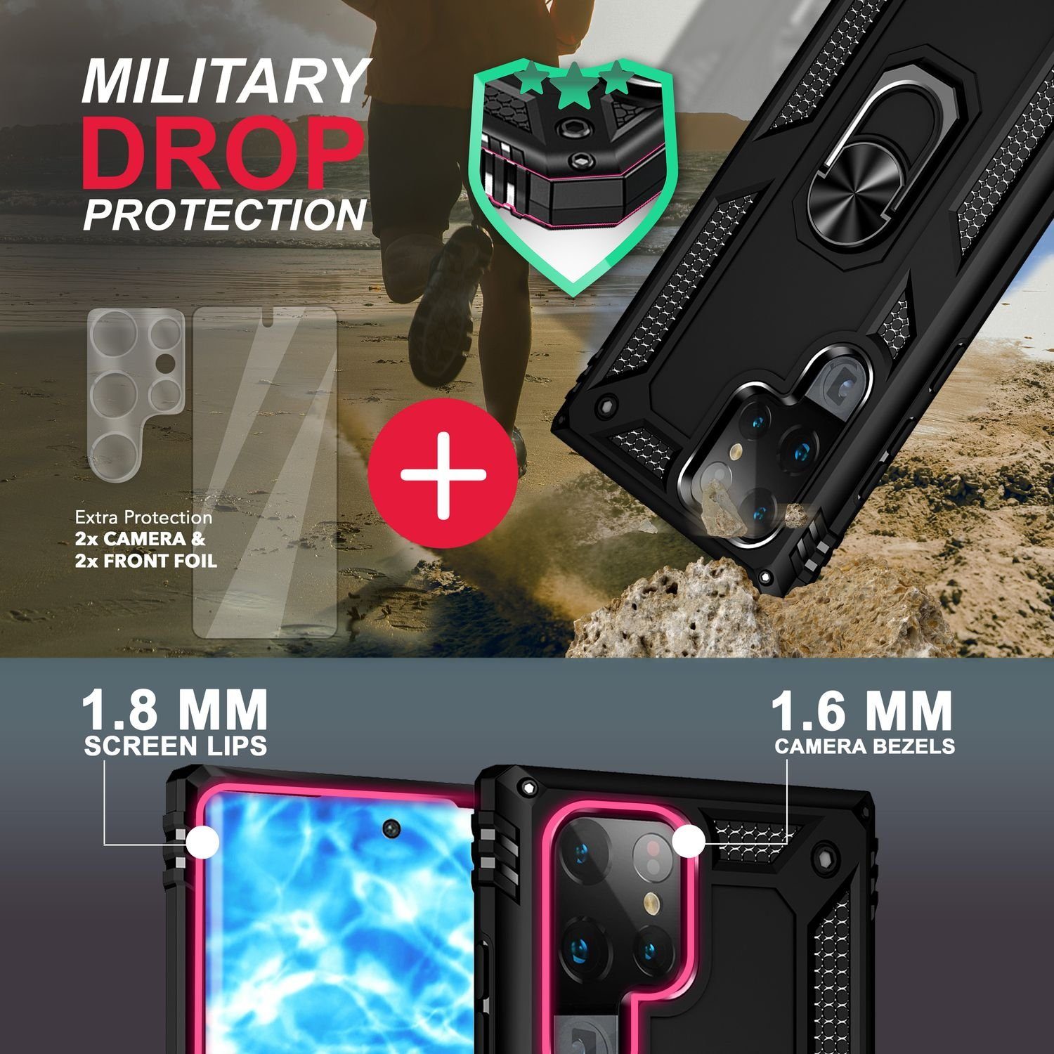 Nalia Smartphone-Hülle Samsung Galaxy S23 Ultra 17,3 cm (6,8 Zoll), Military-Style Ring Hülle / 2x Display- & Kameraschutz / Extrem Robust