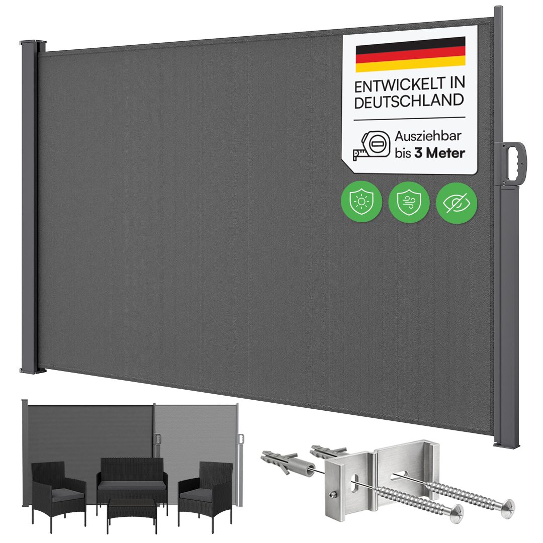 STEELSØN Seitenmarkise Zirella mit individuell einstellbarer Länge (anthrazit, 160x300 cm) Windschutz mit Griff, Sichtschutz ausziehbar, für Garten/Terrasse