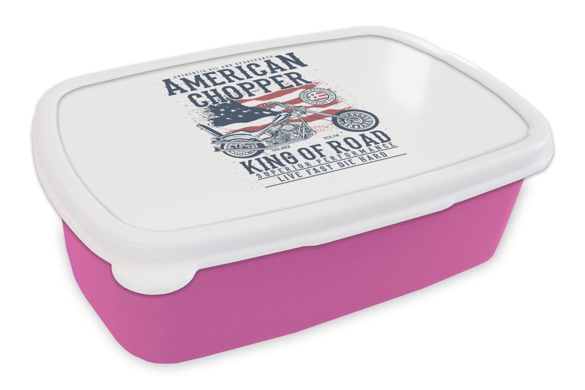 MuchoWow Lunchbox Mancave - Motorrad - Vintage - Amerika - Flagge, Kunststoff, (2-tlg), Brotbox für Erwachsene, Brotdose Kinder, Snackbox, Mädchen, Kunststoff rosa