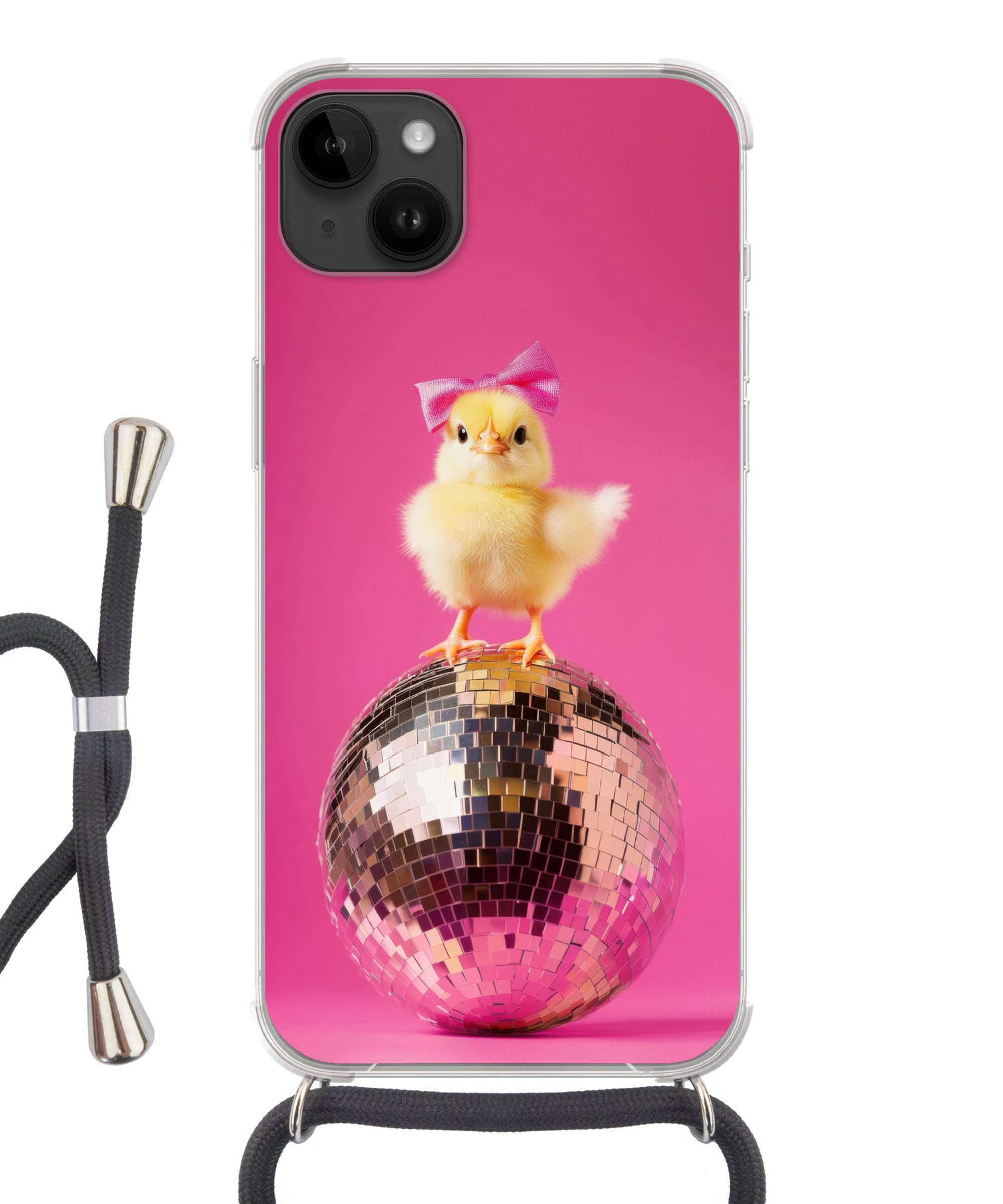 MuchoWow Handyhülle für Apple iPhone 14 Max Discoball - Küken - Schleife, Tragbare Handyhüllen mit Kette zum umhängen, Handykette Handyband