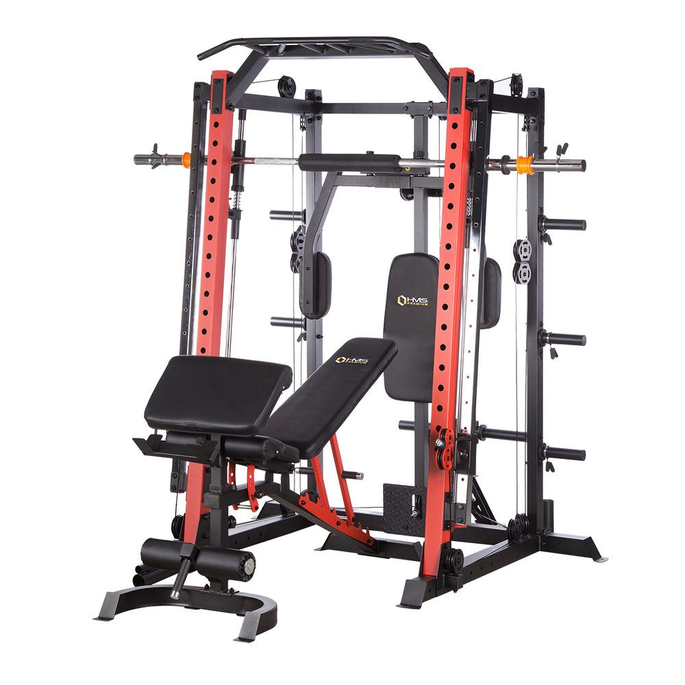 HMS Premium Kraftstation Multifunktionale Kraftstation, (Spar-Set, 1-tlg., Ganzkörper), verstellbare Trainingsbank, Curlpult und zahlreiche Zubehörteile